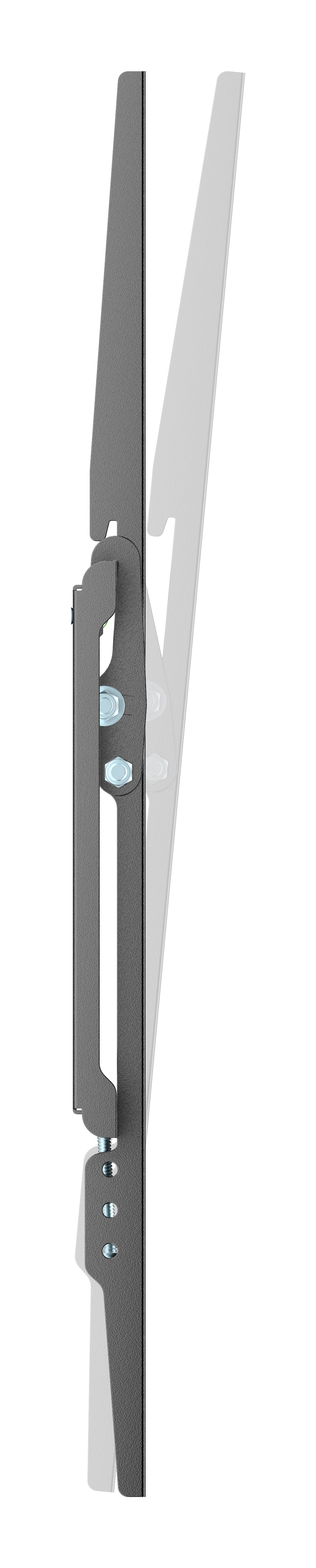 Supporto TV grigio con viti, mostrato di profilo su sfondo bianco.