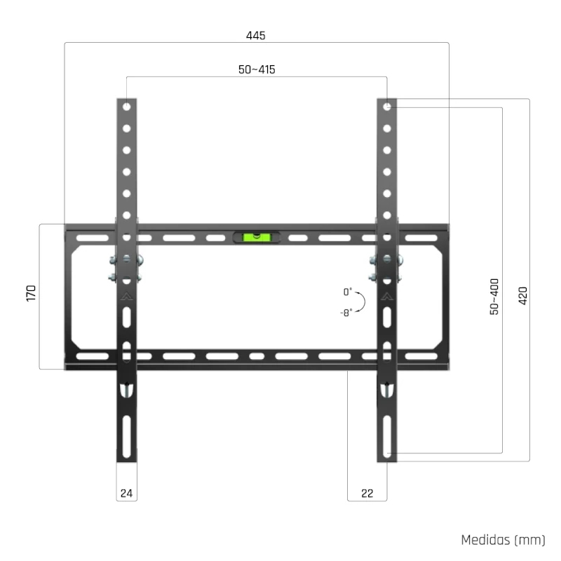 Supporto nero con dimensioni e livella a bolla. VESA 50-400, altezza 420mm.