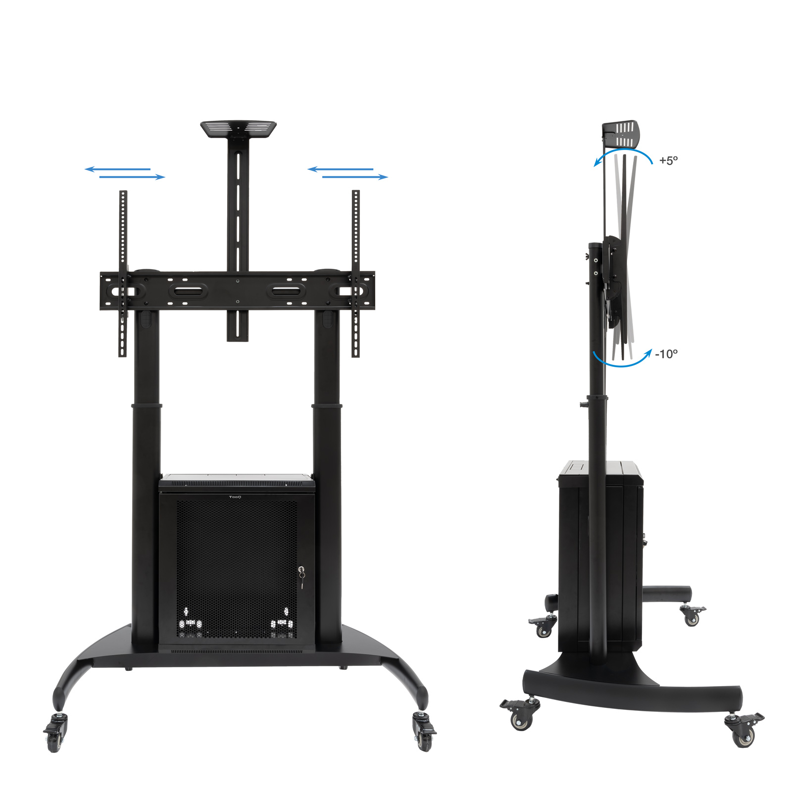 Un soporte de TV móvil negro con soporte ajustable y gabinete con cerradura.