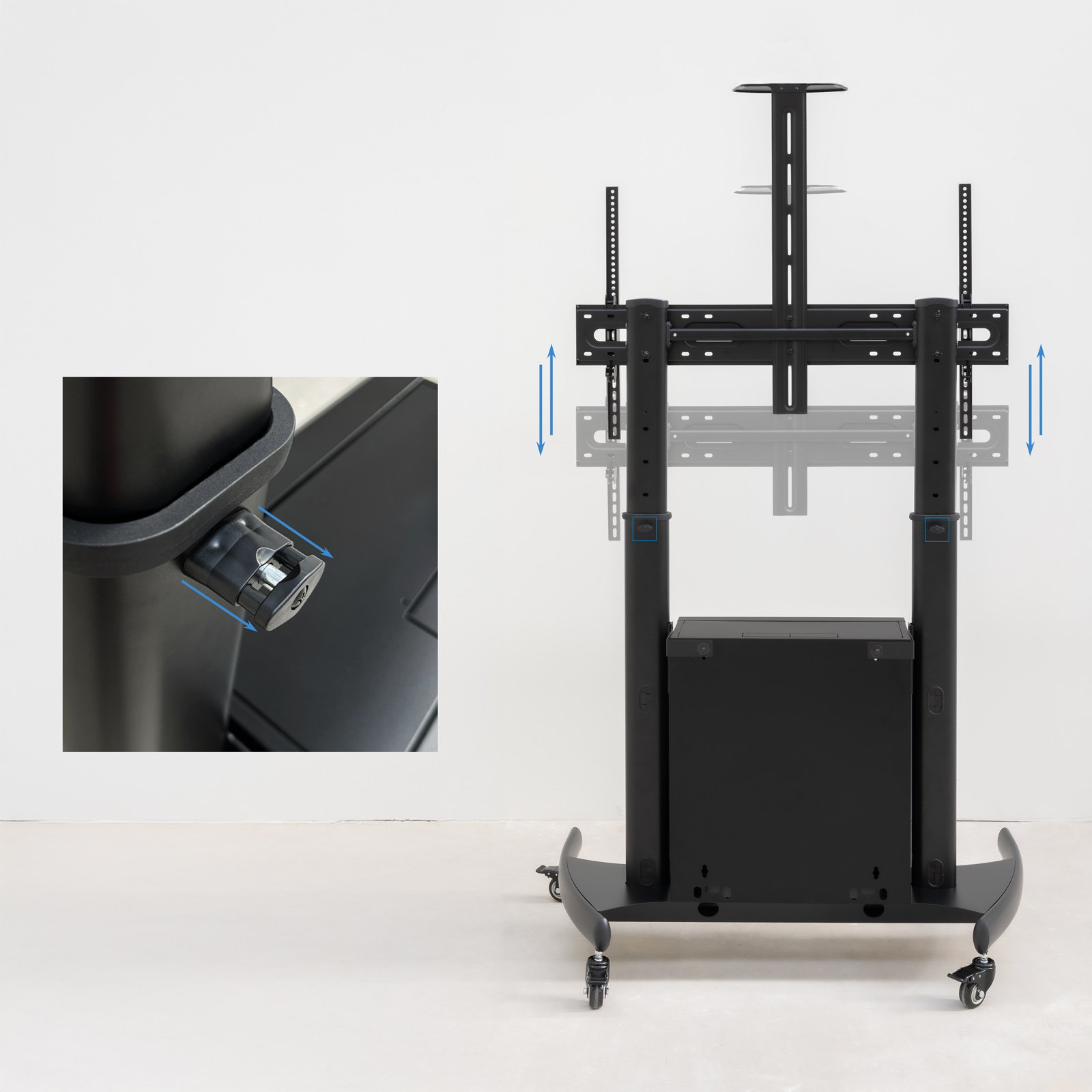 Soporte de TV negro con ruedas, soporte de pantalla ajustable y estante.