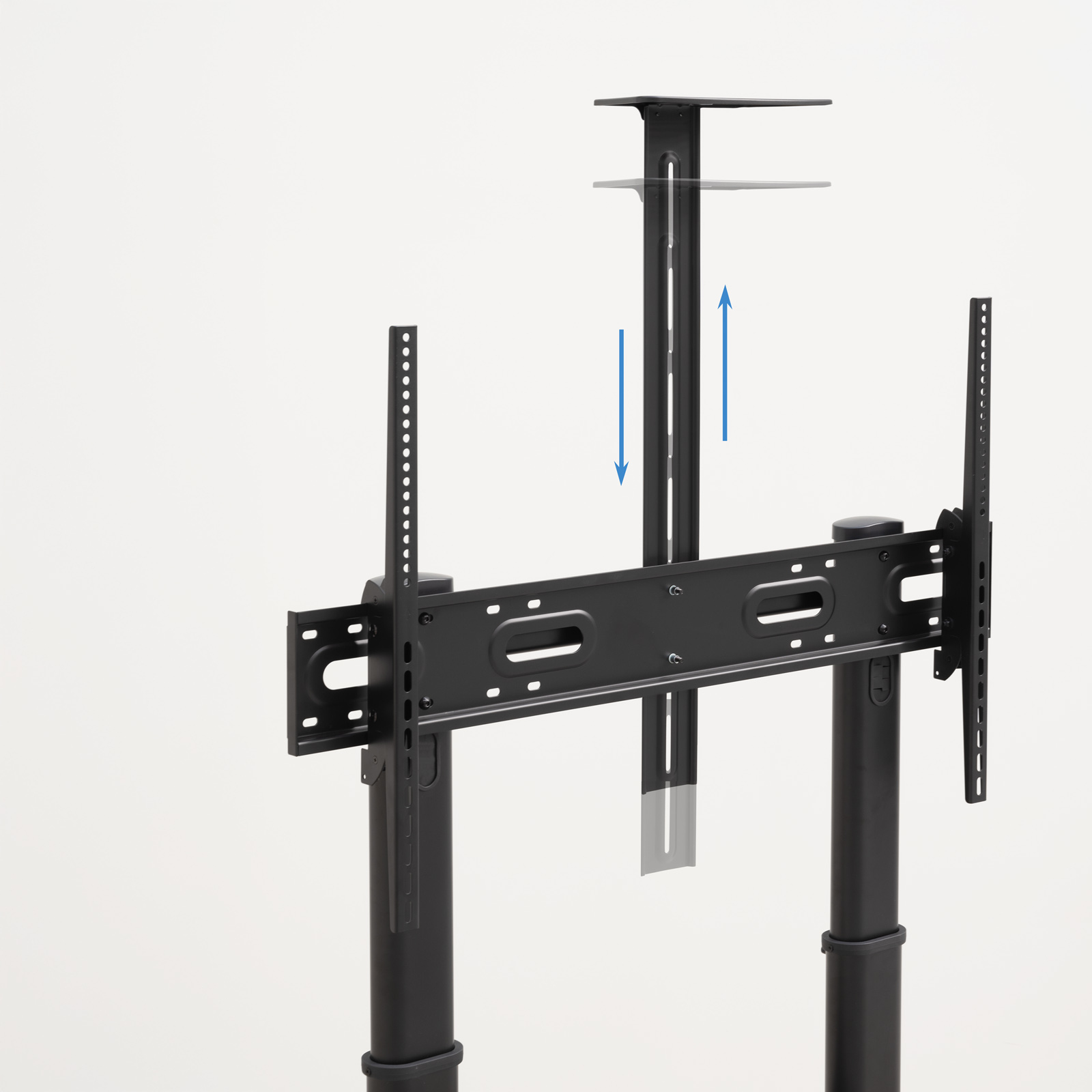 Soporte de TV negro con soporte ajustable y flechas que indican movimiento ascendente.