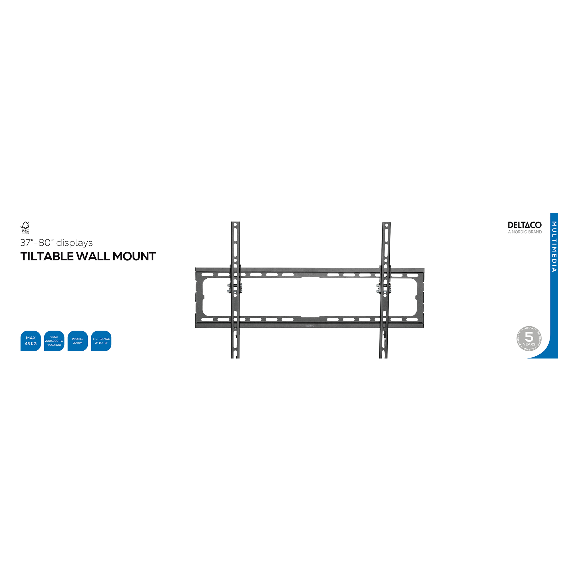 Supporto da parete inclinabile per display da 37-80", max 45 kg, VESA 200-600mm.