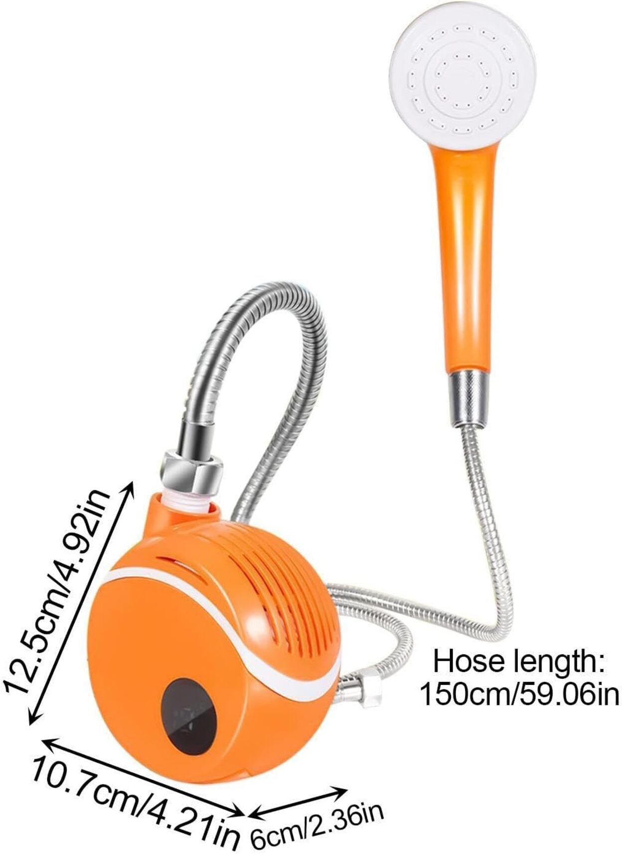 Bomba de ducha naranja con manguera plateada y cabezal de ducha. Dimensiones mostradas.