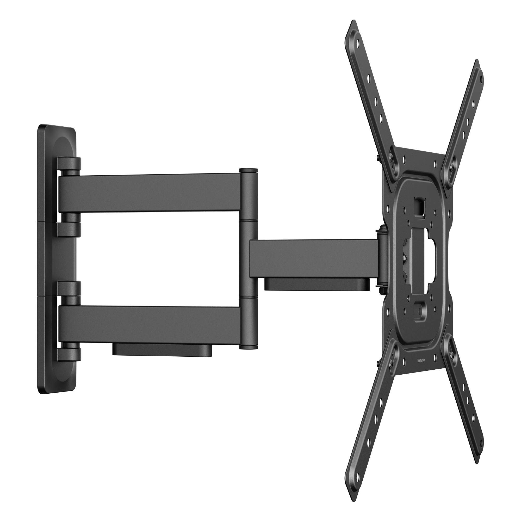 Ein schwarzer, schwenkbarer Wandhalter für Fernseher mit zwei Gelenkarmen.