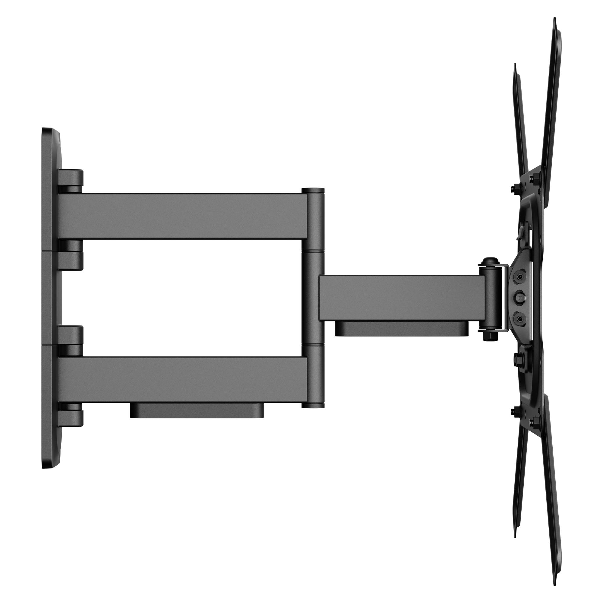 Ein schwenkbarer Fernsehhalter aus schwarzem Metall, der an einer Wand befestigt wird.