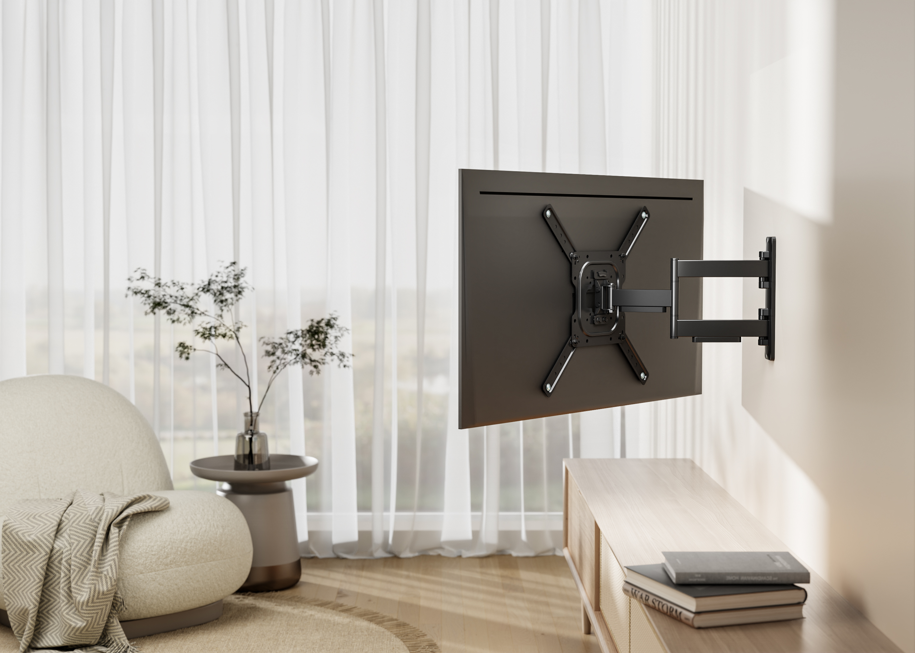Un televisore scuro è montato su un braccio a muro sopra un mobiletto di legno.