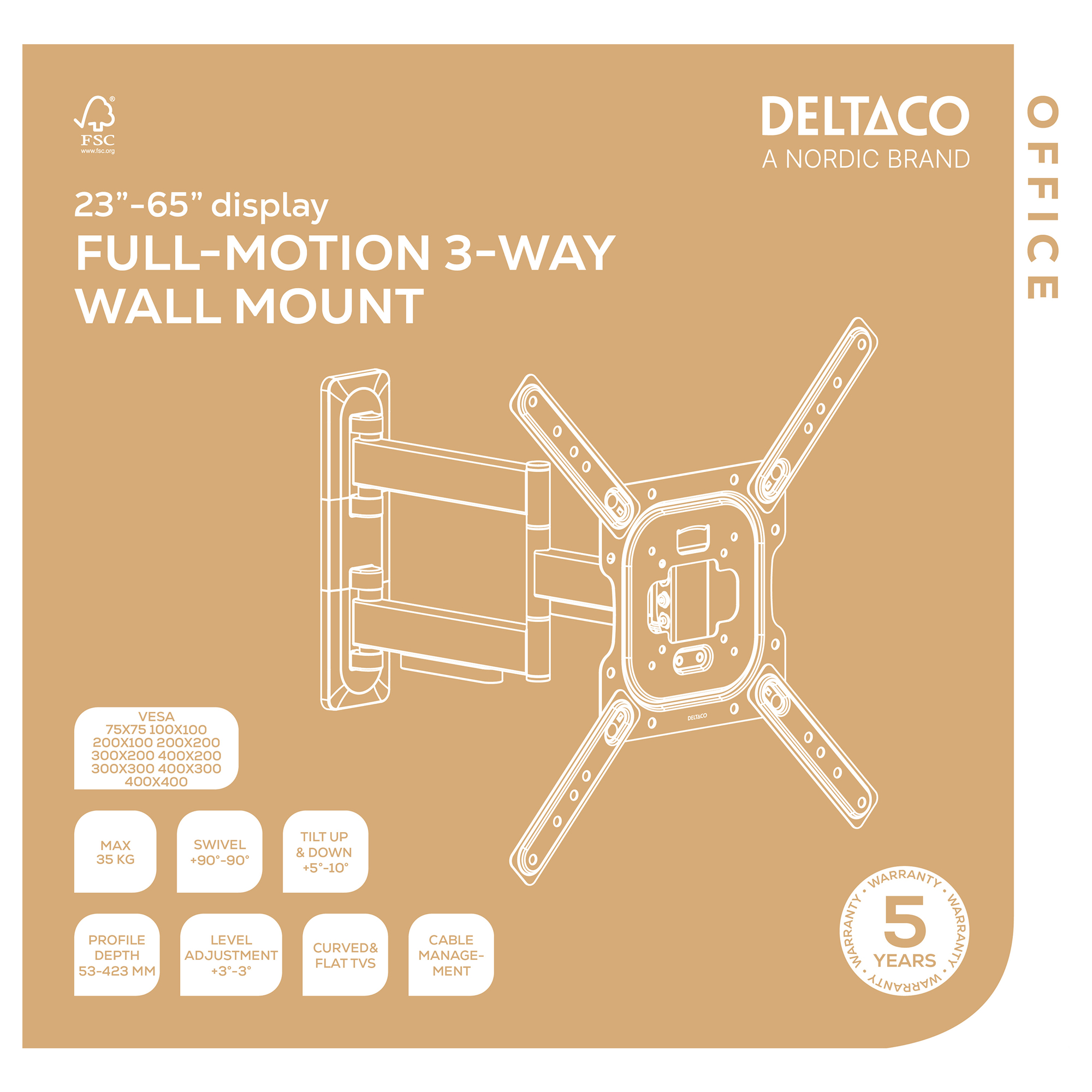 Ein Wandhalter für 23"-65" Displays, 3-Wege-Bewegung, max. 35kg.