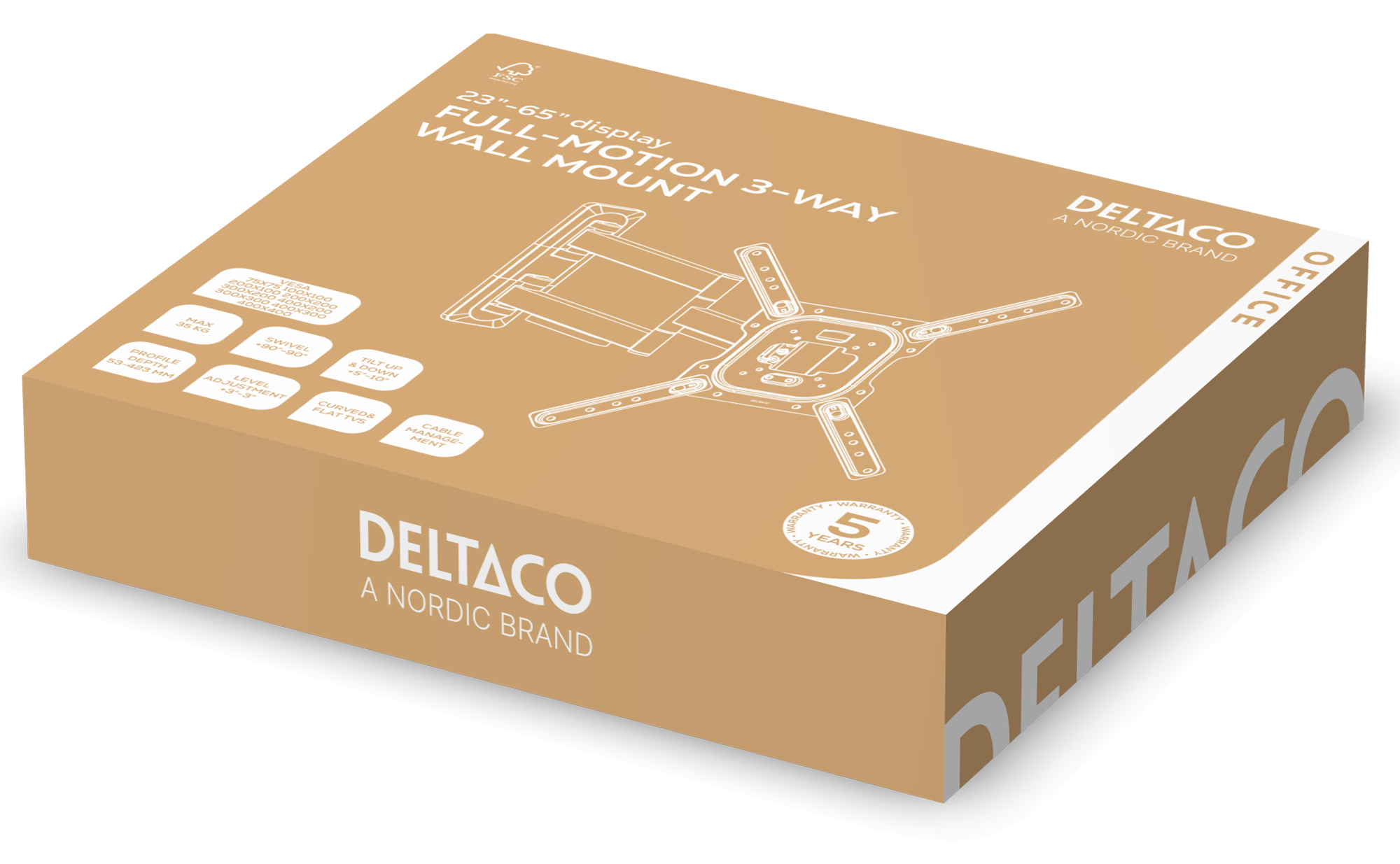 Verpackung für einen neigbaren 23-65 Zoll Wandhalter von Deltaco mit technischen Daten.