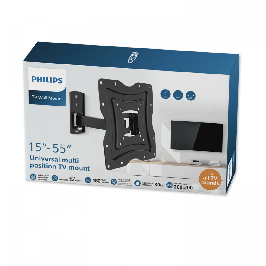 Supporto da parete Philips per TV da 15-55 pollici, inclinabile, girevole, fino a 30 kg.