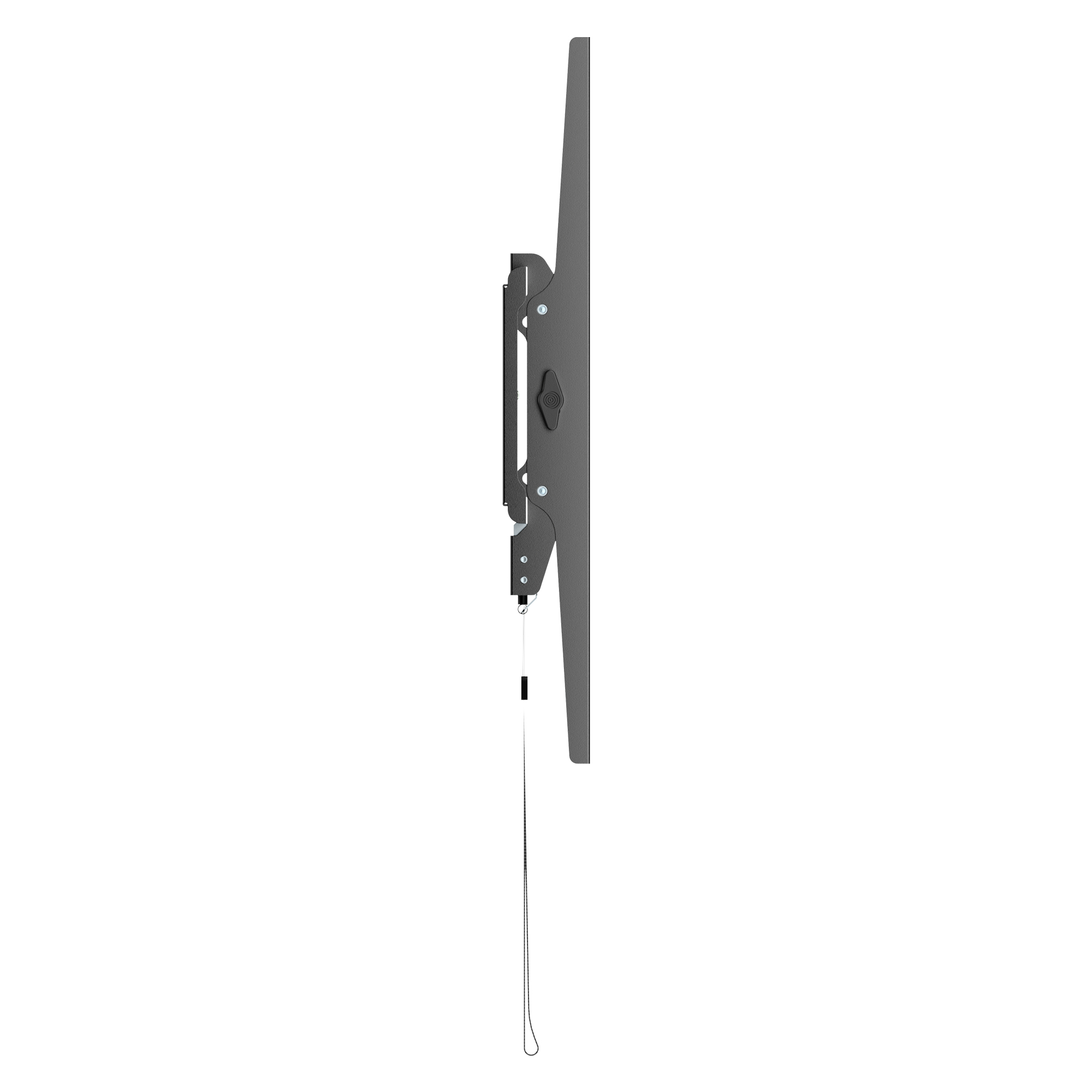 Supporto da parete TV grigio con cavo visto di lato.
