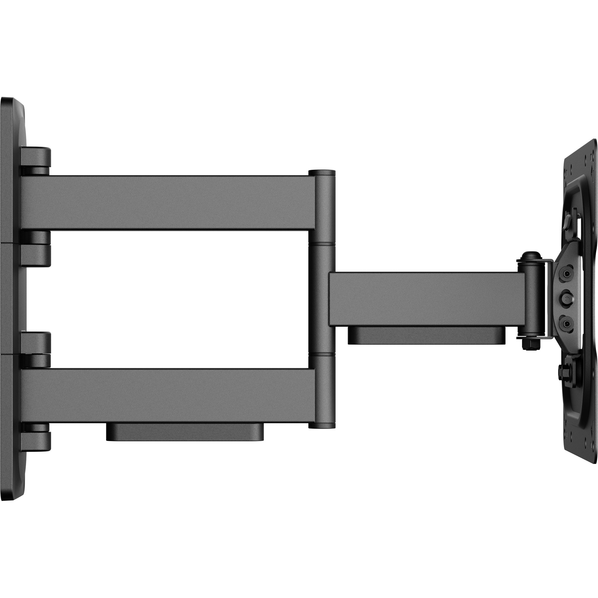 Ein schwenkbarer TV-Wandhalter aus dunklem Metall auf weißem Hintergrund.