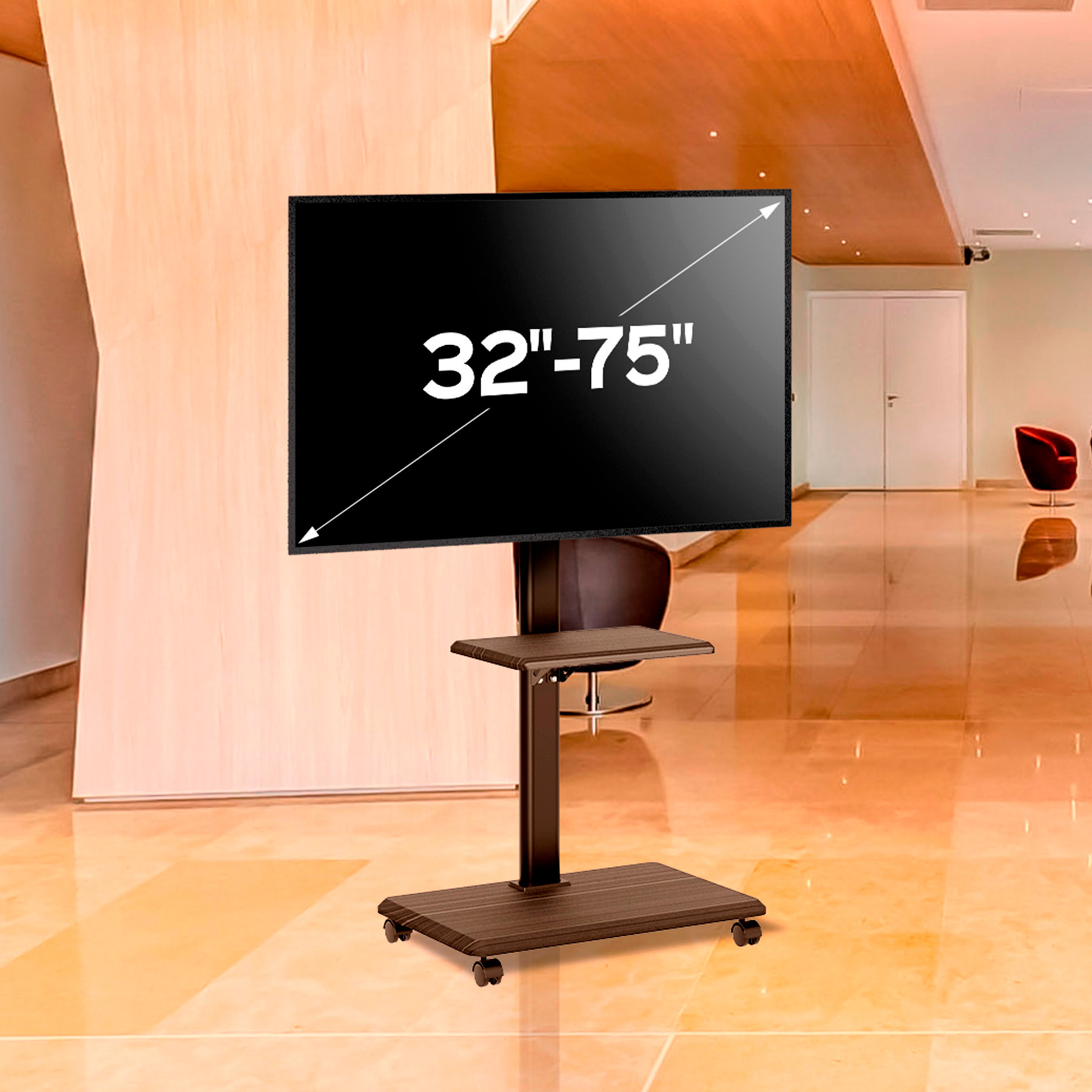 Soporte de TV rodante con pantalla negra que muestra 32"-75".