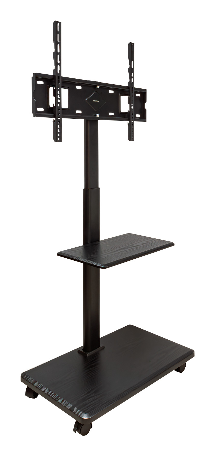 Un soporte de TV negro y rodante con dos estantes y soporte para pantalla plana.