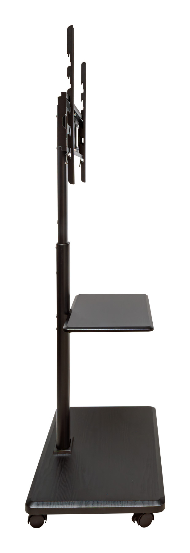 Soporte de TV negro con ruedas, dos estantes y poste ajustable.
