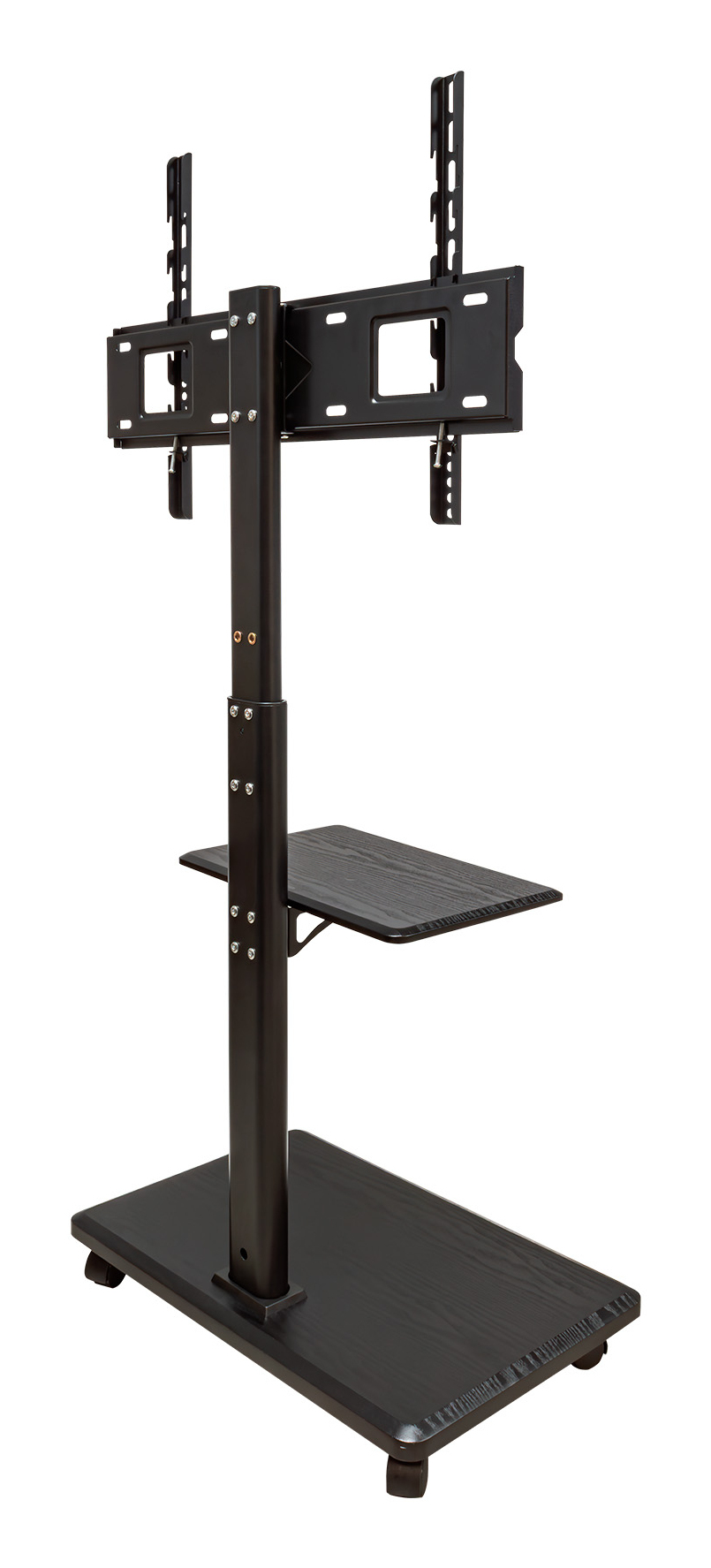 Soporte de TV negro de metal con altura ajustable y dos estantes con ruedas.