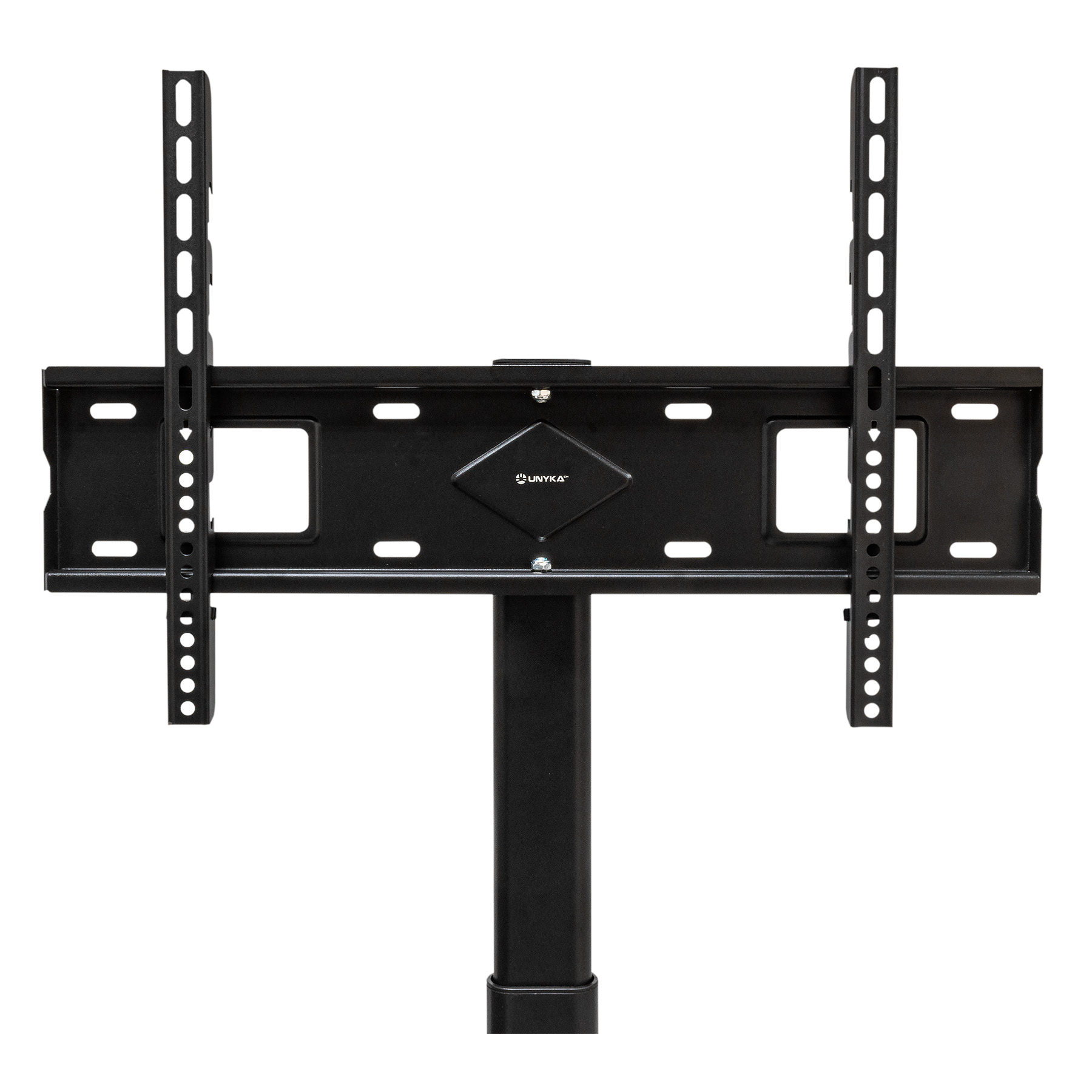 Un soporte negro para TV con soportes ajustables, sobre fondo blanco.