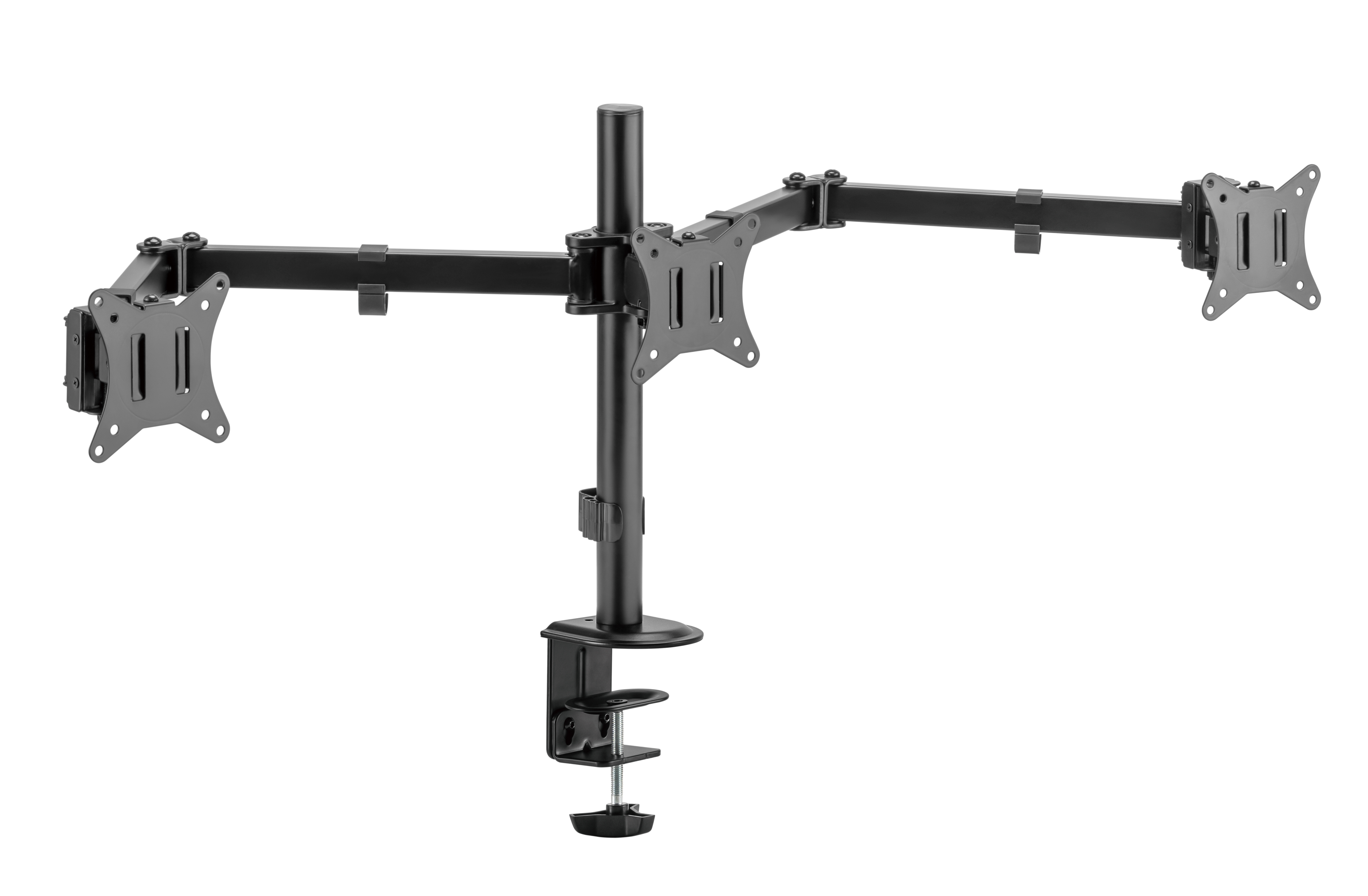 Schwarzer Doppelmonitor-Schreibtischhalter mit verstellbaren Armen und Klemme.