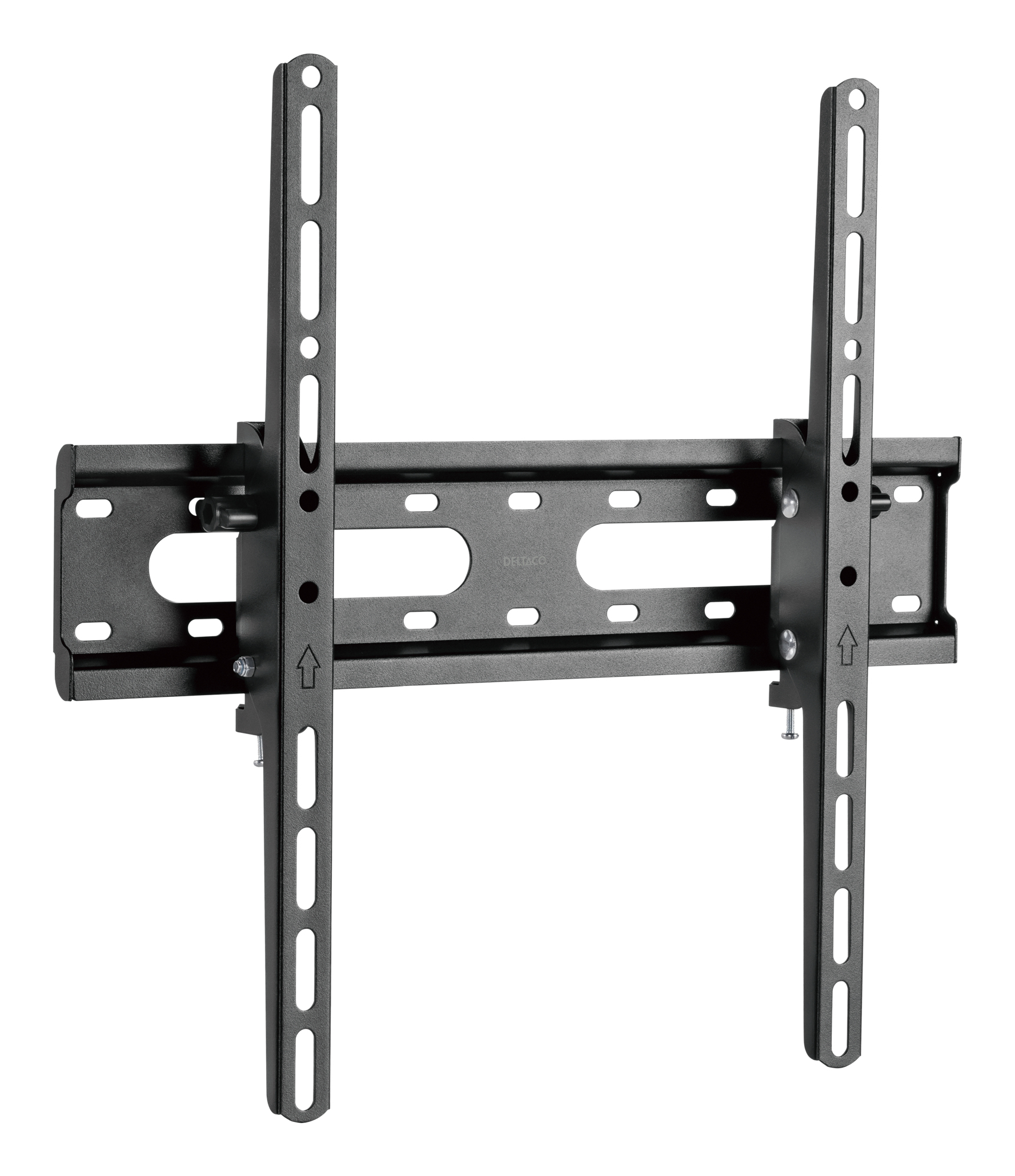 Supporto da parete TV nero con bracci regolabili e molti fori per il montaggio.