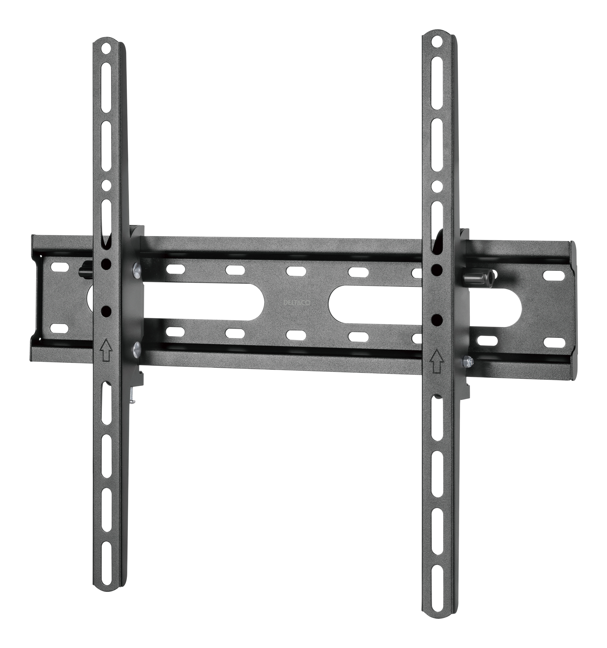 Un supporto da parete per TV in metallo scuro con guide verticali e base orizzontale.