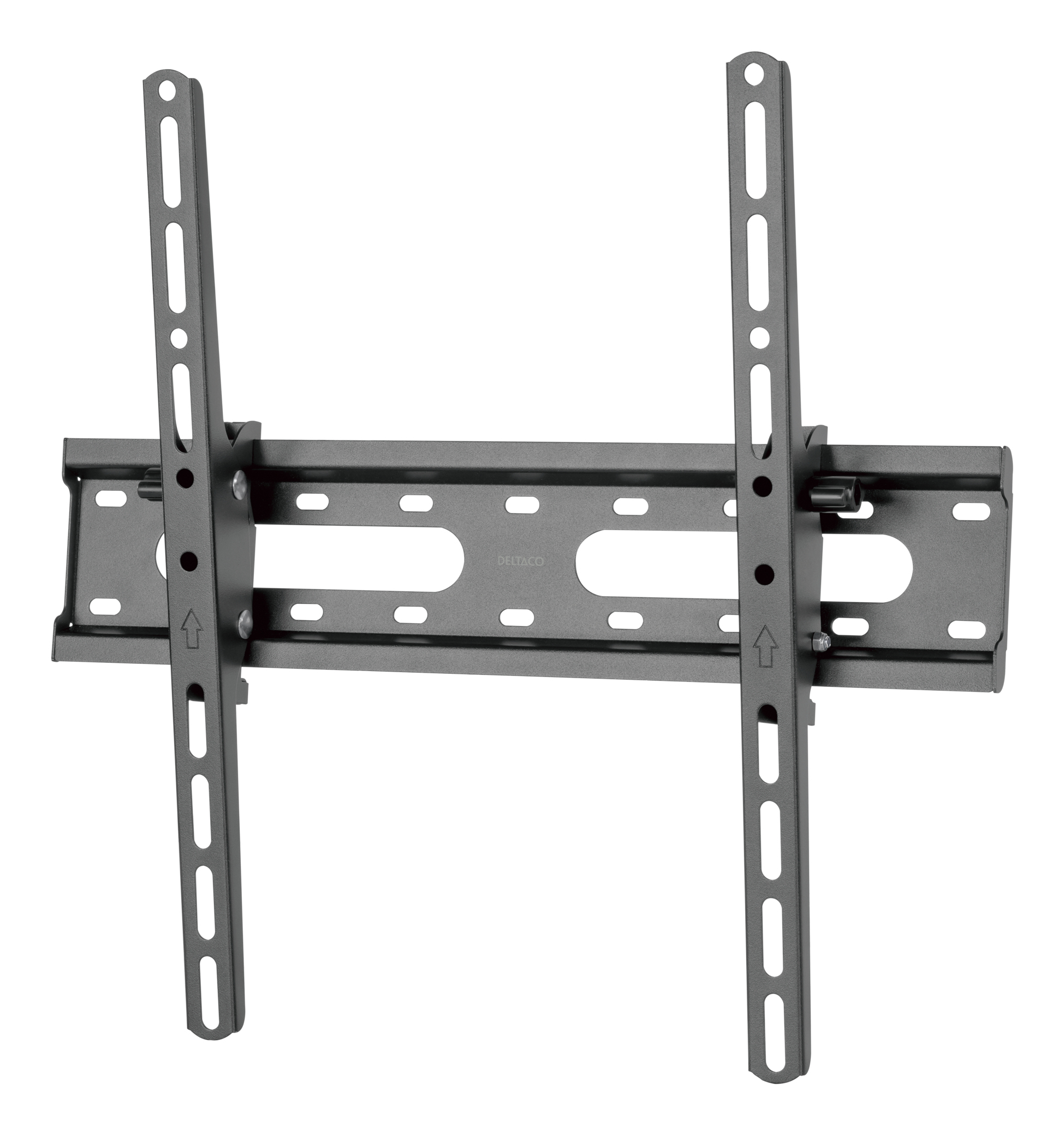 Supporto da parete TV grigio con bracci regolabili e fori di montaggio.