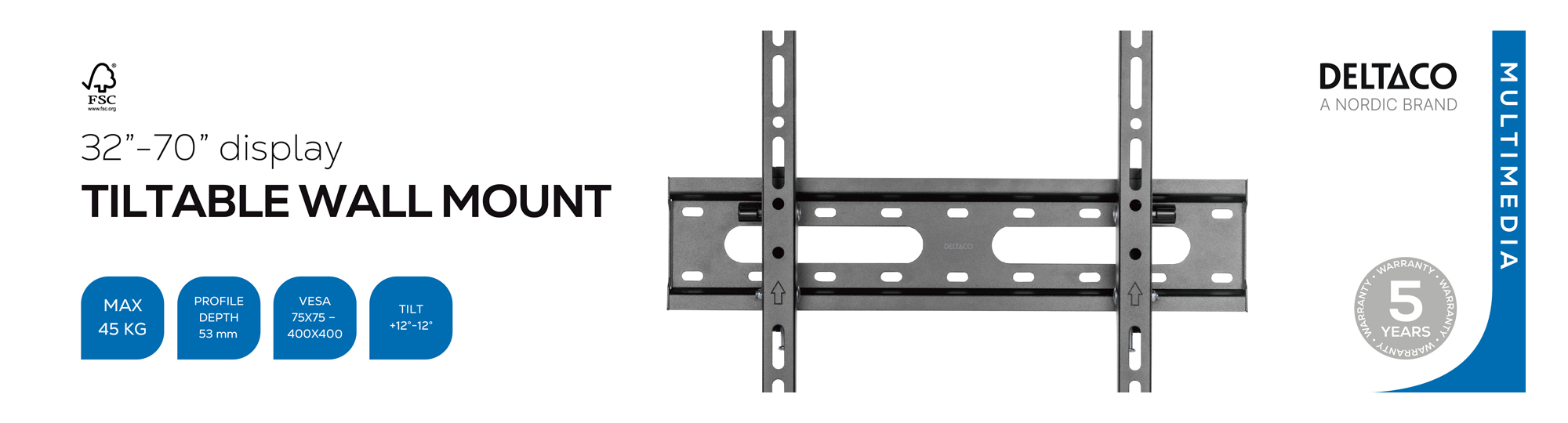 Supporto a parete inclinabile per display da 32-70", max 45 kg, profondità 53 mm.