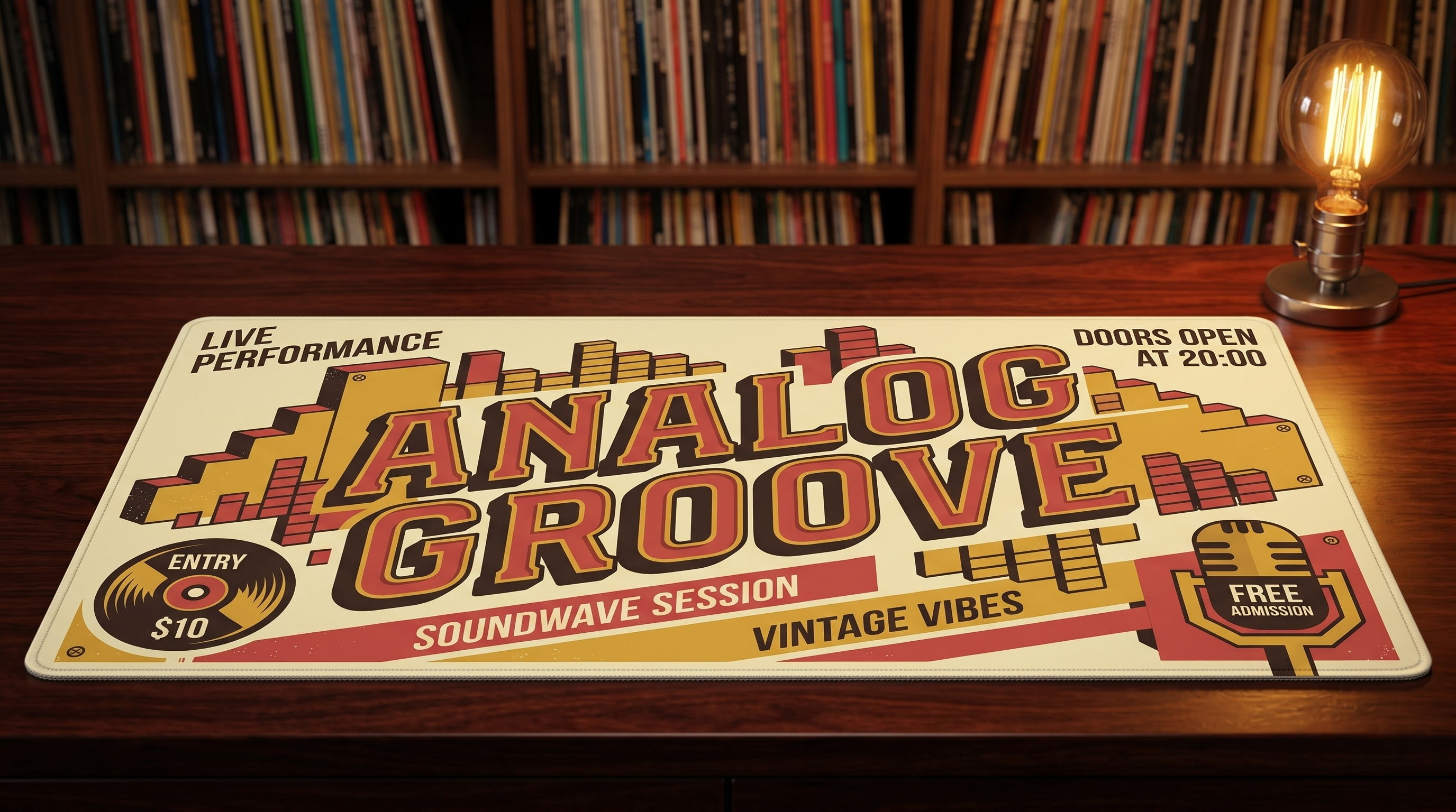 'Analog Groove' canlı performans posteri, mikrofon simgesi, 10$ giriş, kapı açılış 20:00.