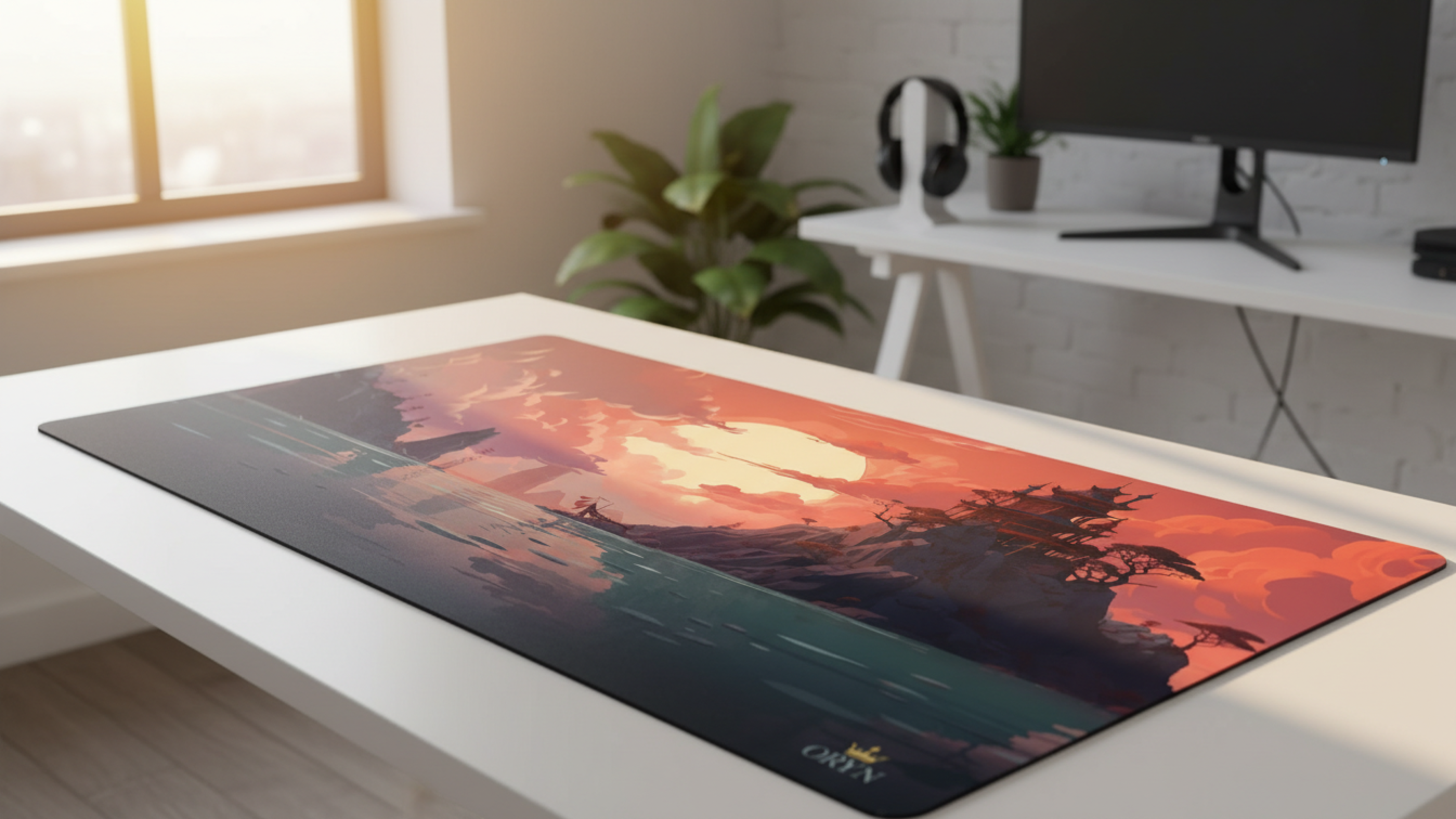 Gün batımında denizde bir tekne sahnesini gösteren mouse pad.