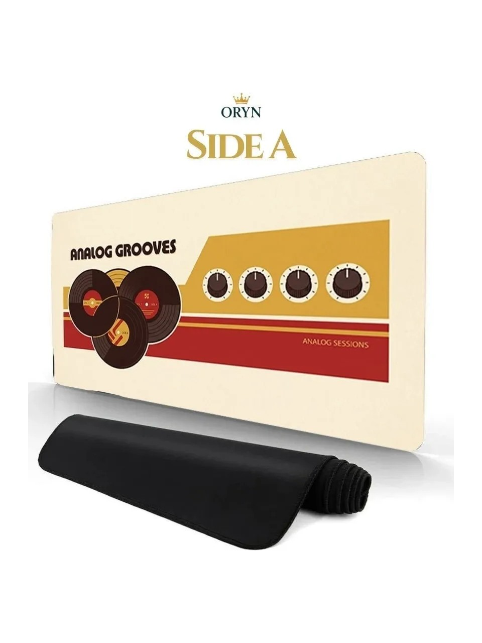Vinil kayıt tasarımlı 'Analog Grooves' yazılı bir mousepad.