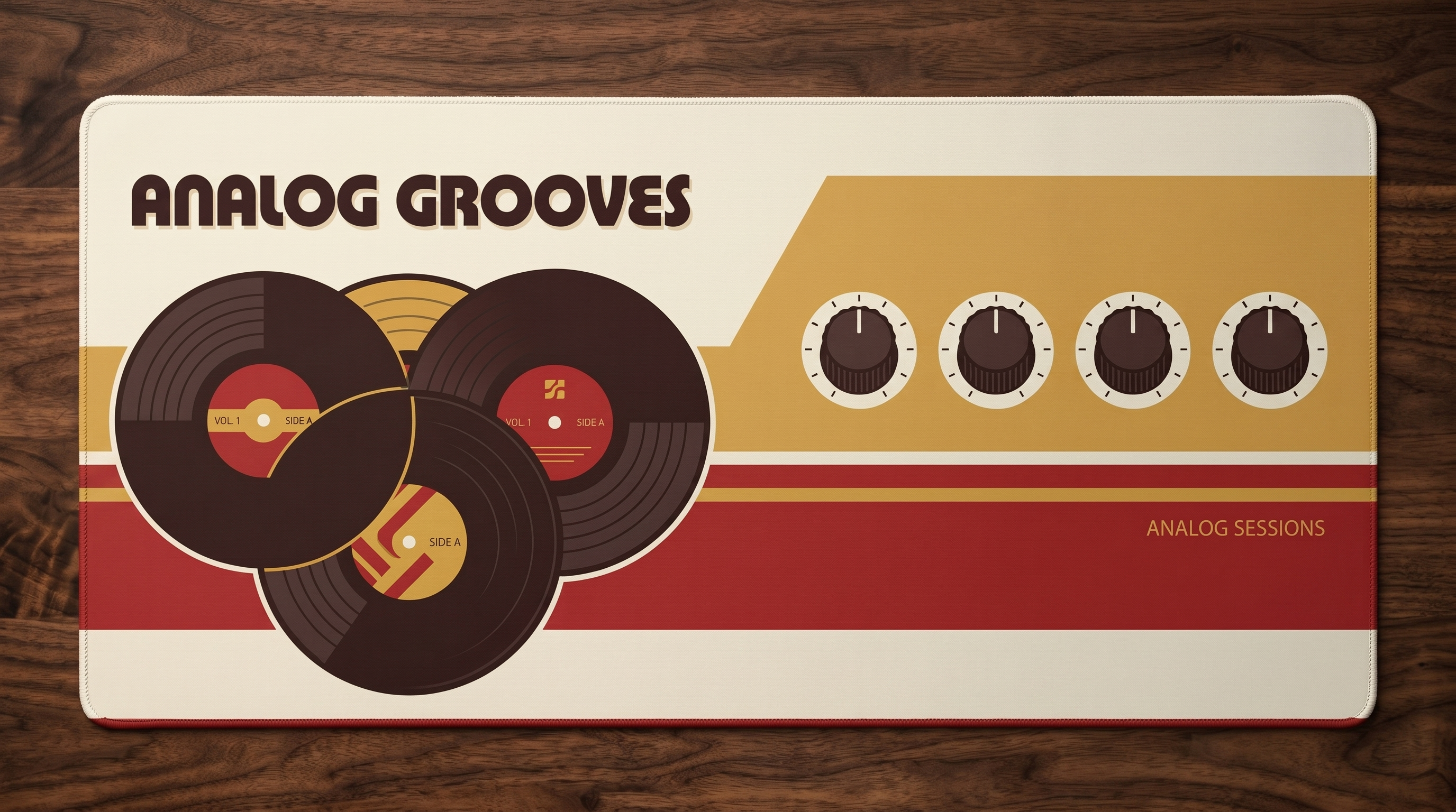Analog Grooves etiketli, vinil plaklar ve düğmeler içeren bir fare altlığı.