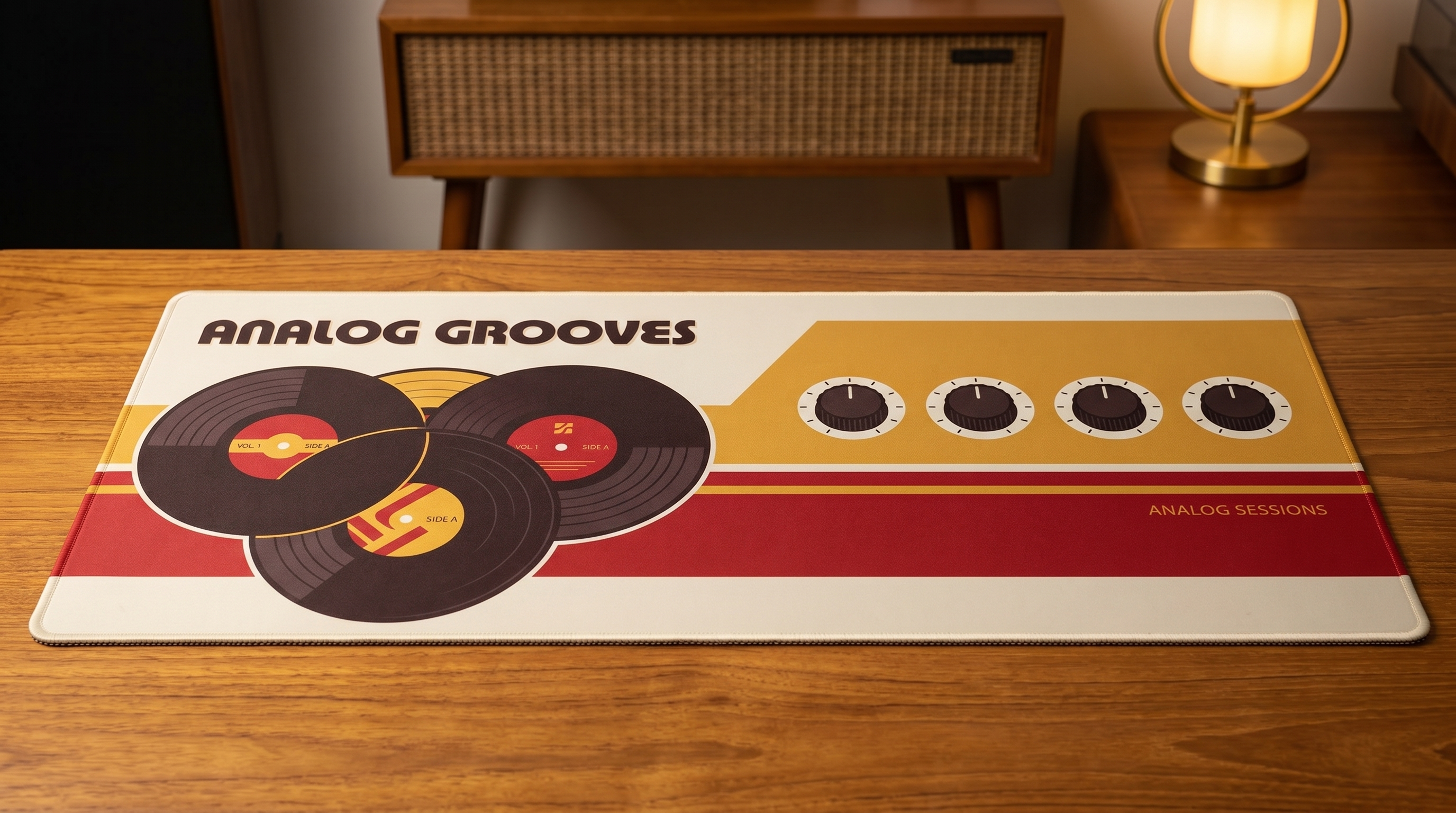 Retro tarzı vinil plaklar ve düğmeler içeren masa matı. Analog Grooves.