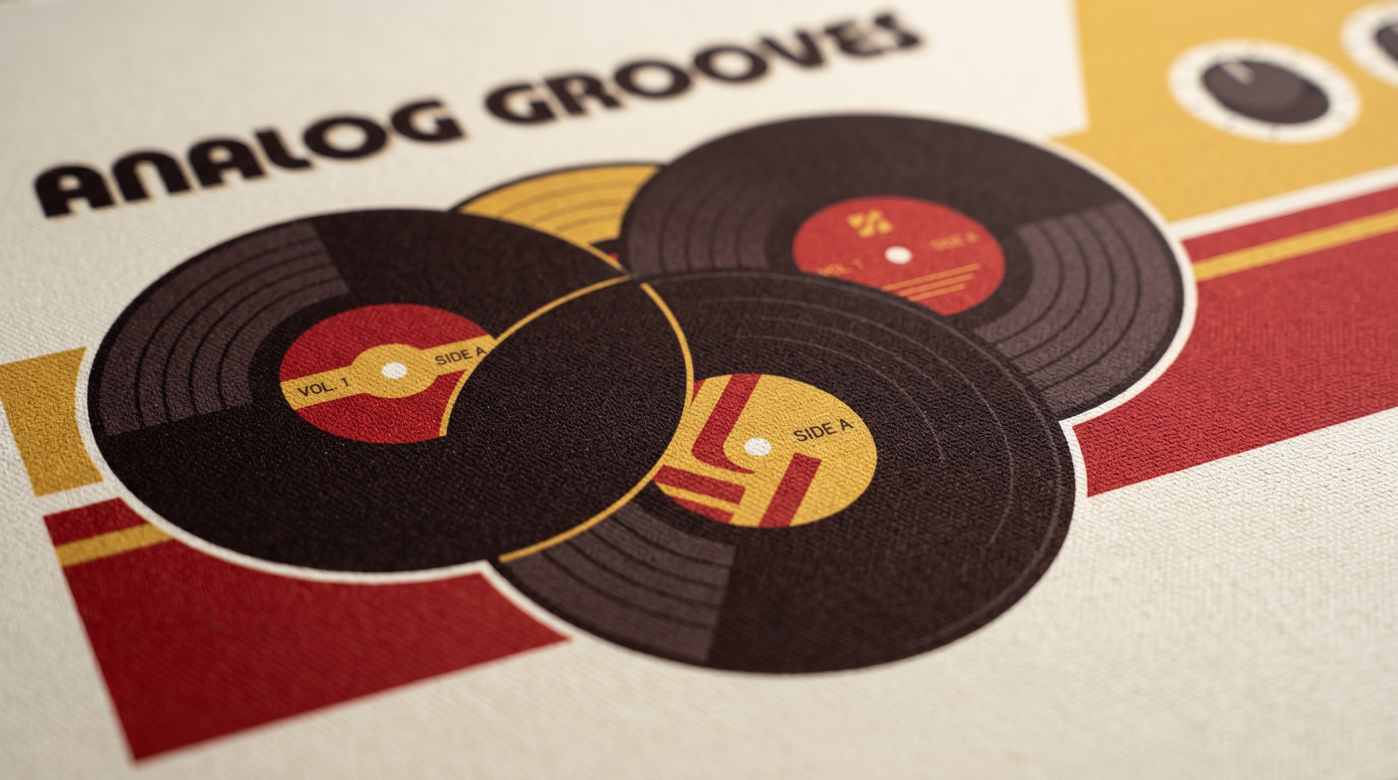 "ANALOG GROOVES" yazılı, kırmızı, sarı ve kahverengi vurgulu vinil plaklar.
