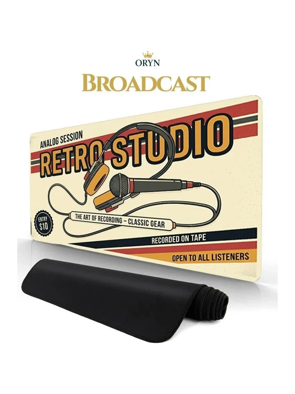 Kulaklık, mikrofon ve fare altlığı ile Retro Studio logosu.