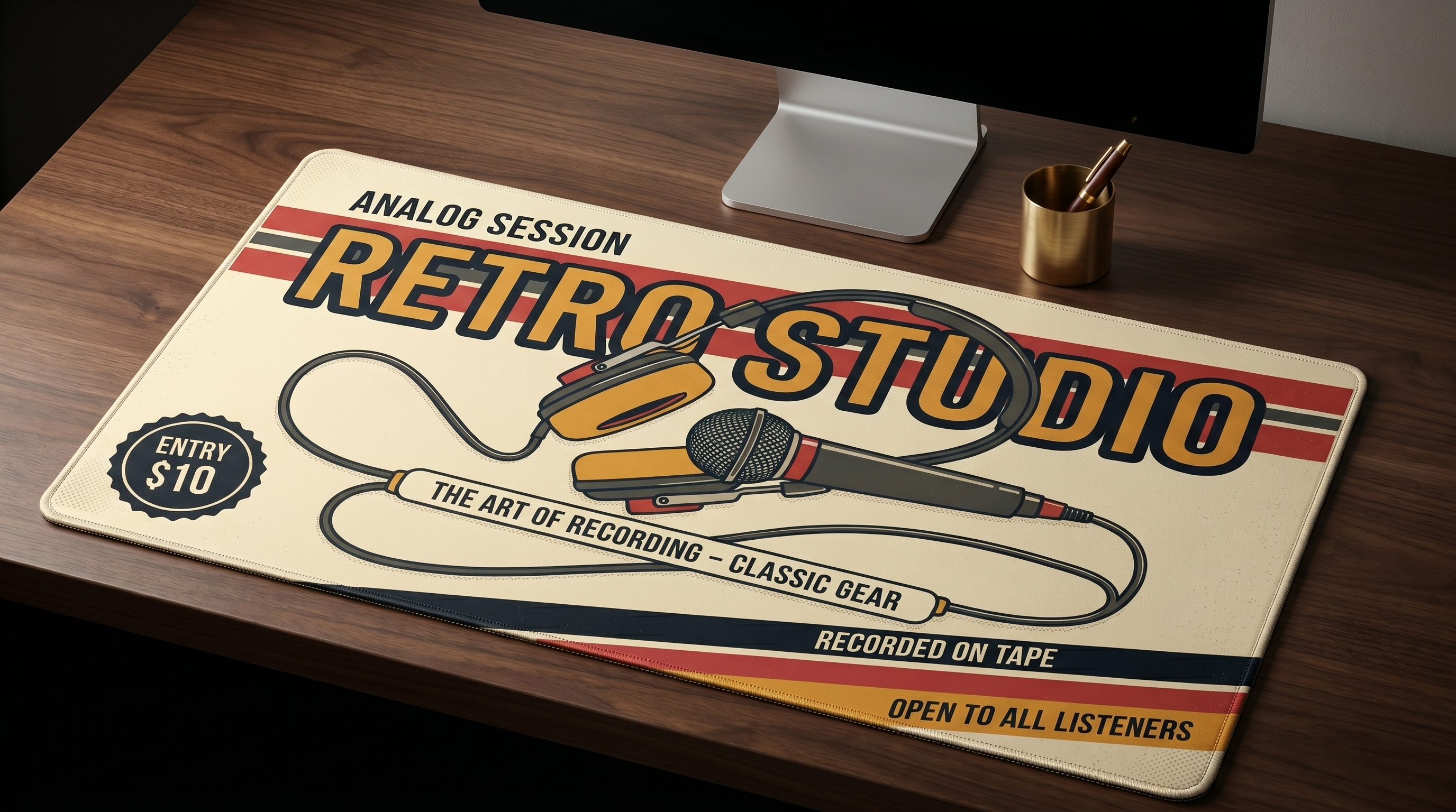 Mikrofon, kulaklık ve metin içeren retro stüdyo mousepad.