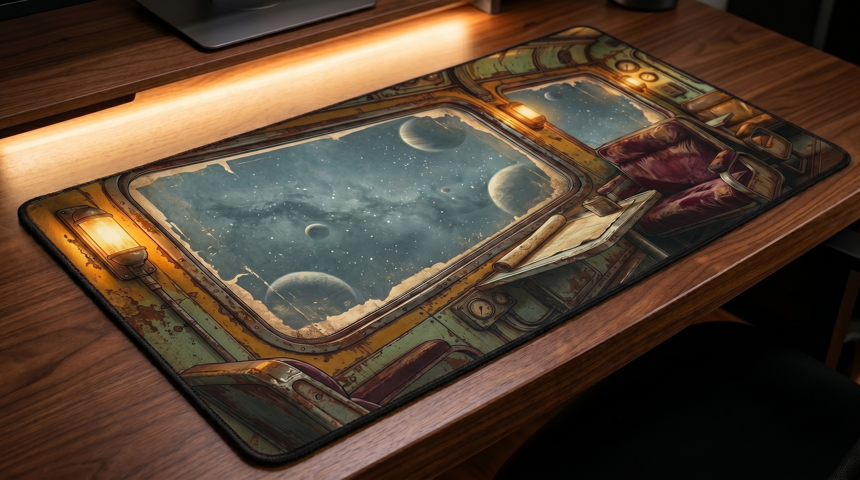 Bilim kurgu mousepad, gezegenler ve yıldızlar görülen gemi içi görünümü.