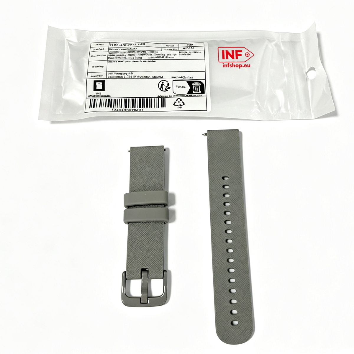 Zwei graue Uhrenarmbänder, eines mit Schnalle, auf weißem Hintergrund mit Verpackung.