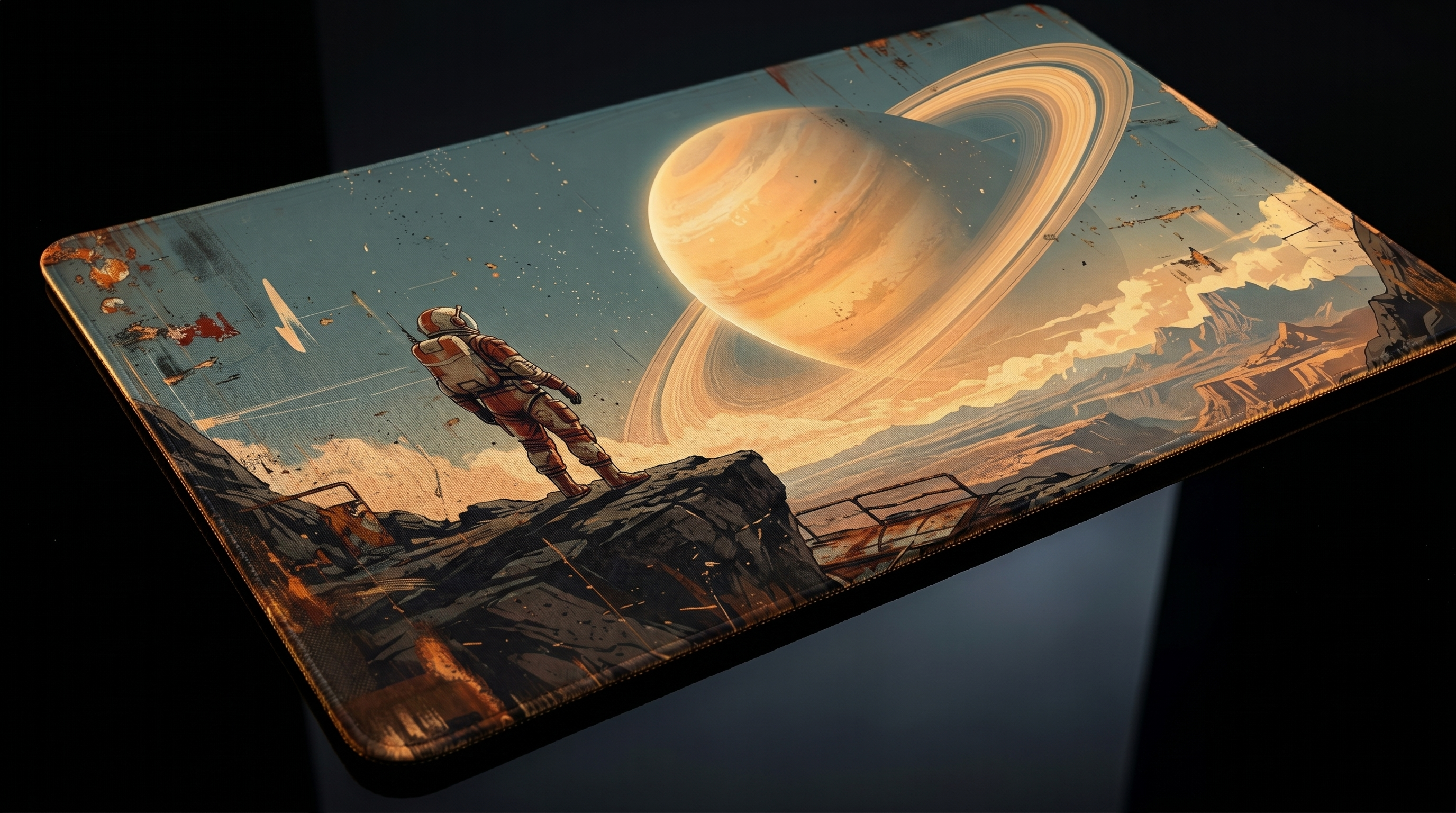 Kaya gezegeninde bir astronot, halkalı Satürn gezegenine bakıyor.