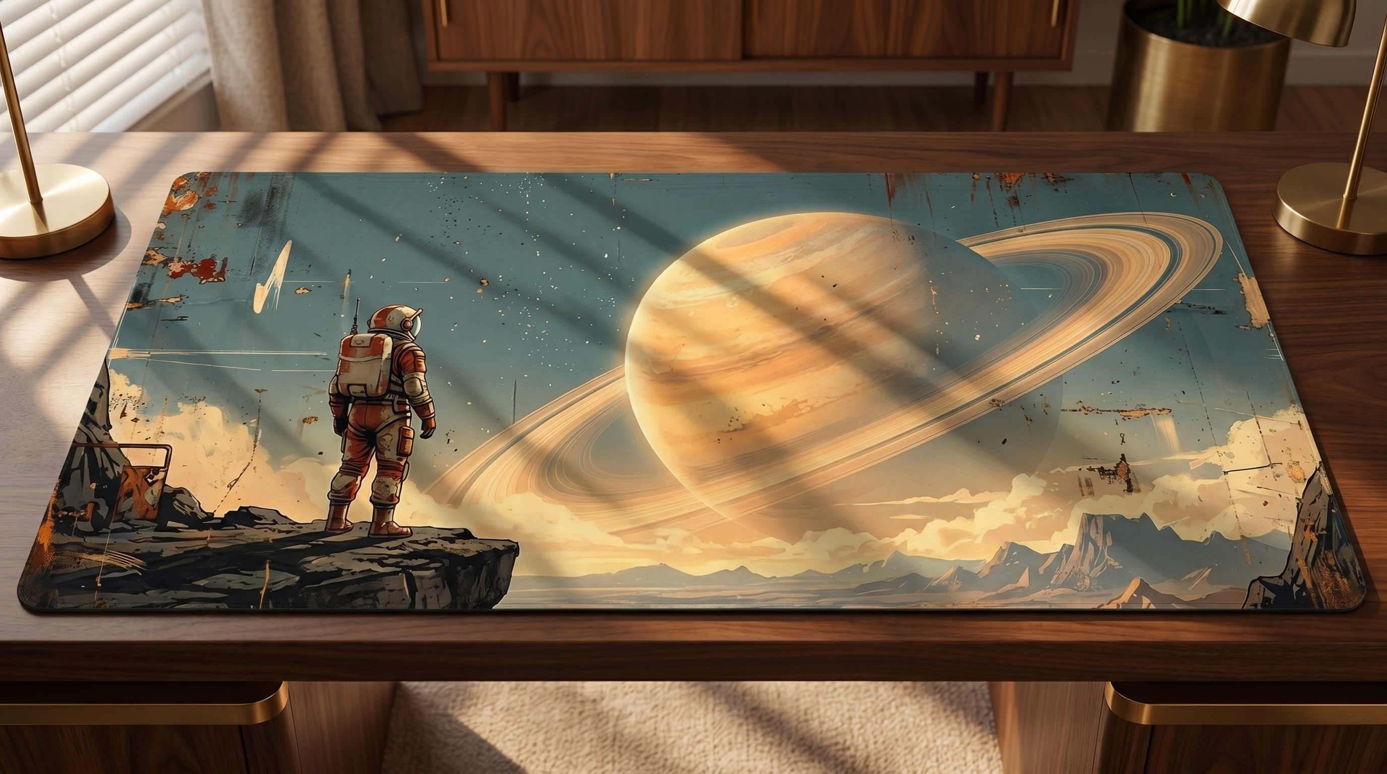 Kaya gezegenindeki astronot Satürn'e bakıyor. Dağlı uzay sahnesi.