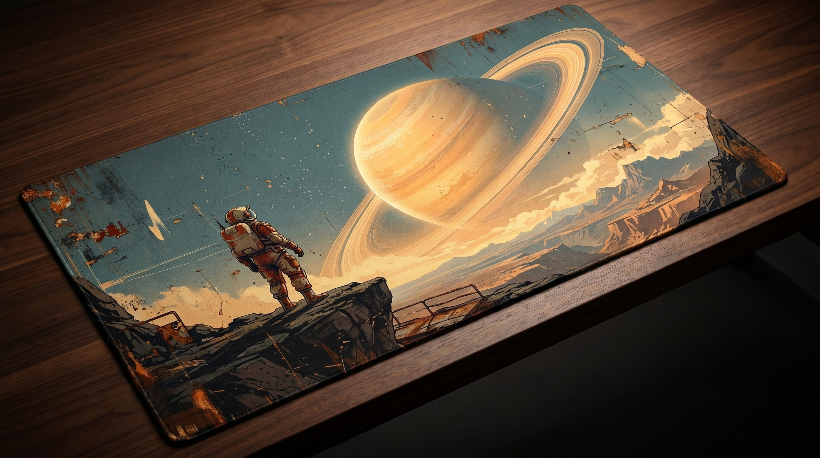 Bir astronot kayanın üzerinde durmuş, halkalı Satürn'e bakıyor.
