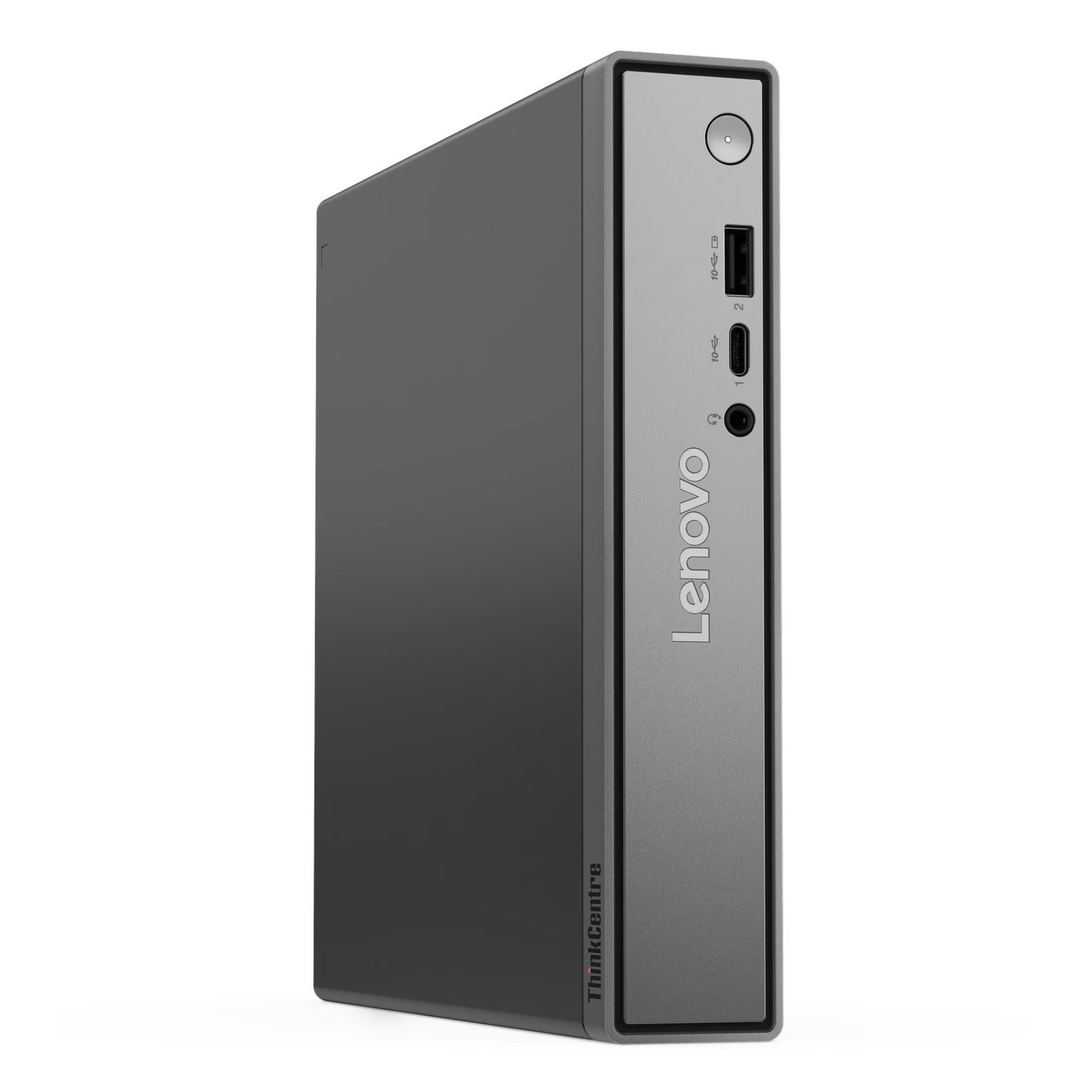 USB bağlantı noktalarına ve güç düğmesine sahip gri Lenovo ThinkCentre mini PC.
