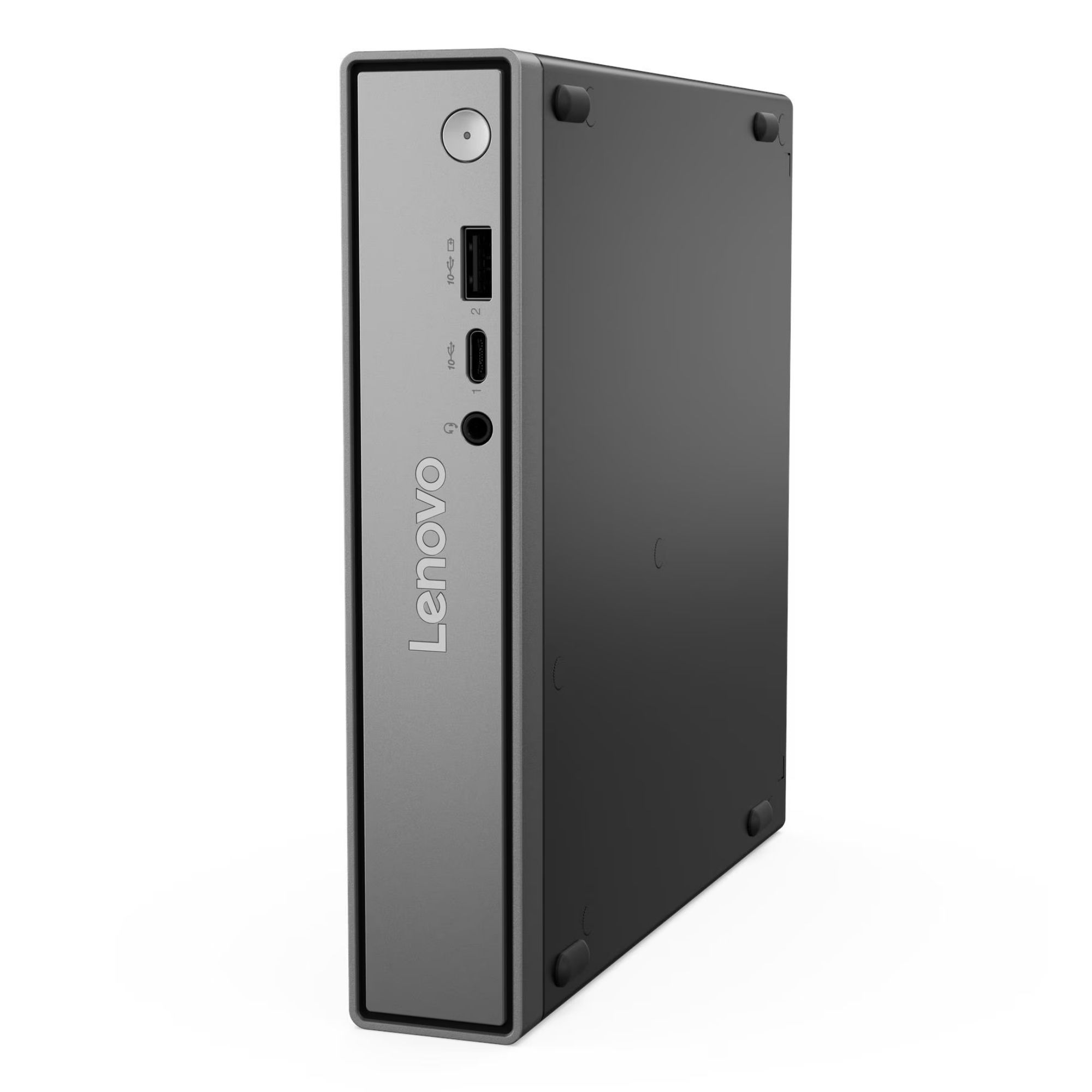 Gümüş ön panel ve siyah kasalı kompakt bir Lenovo bilgisayar.