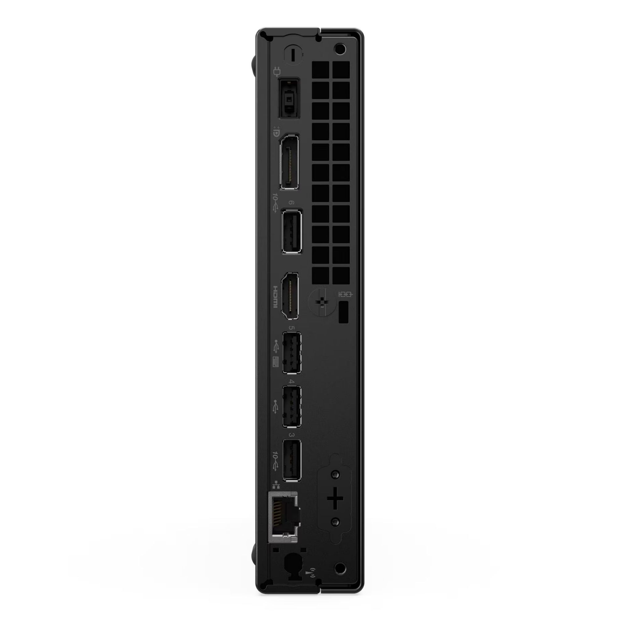 Güç, DisplayPort, HDMI, USB ve Ethernet bağlantı noktalarını gösteren siyah mini PC'nin arka görünümü.