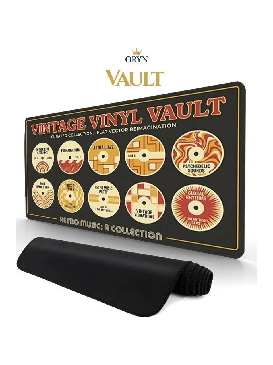 ORYN VAULT markalı, vintage plak tasarımlı siyah fare altlığı.