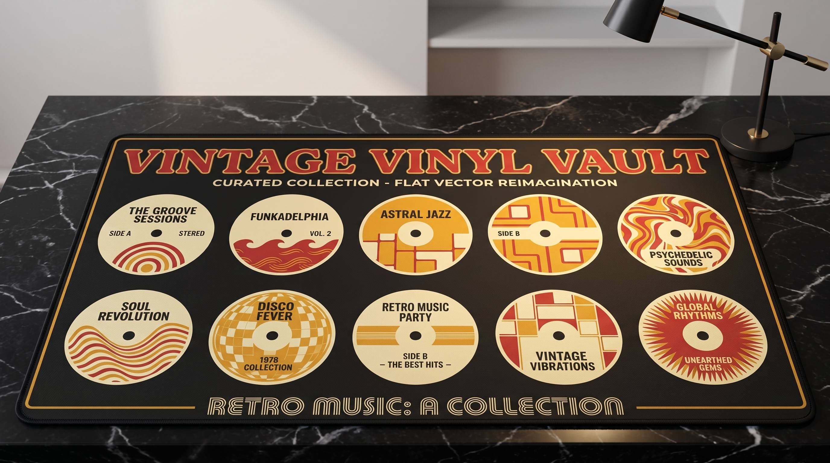 Sarı, kırmızı ve turuncu renklerde 10 vintage plak etiketli siyah mat.