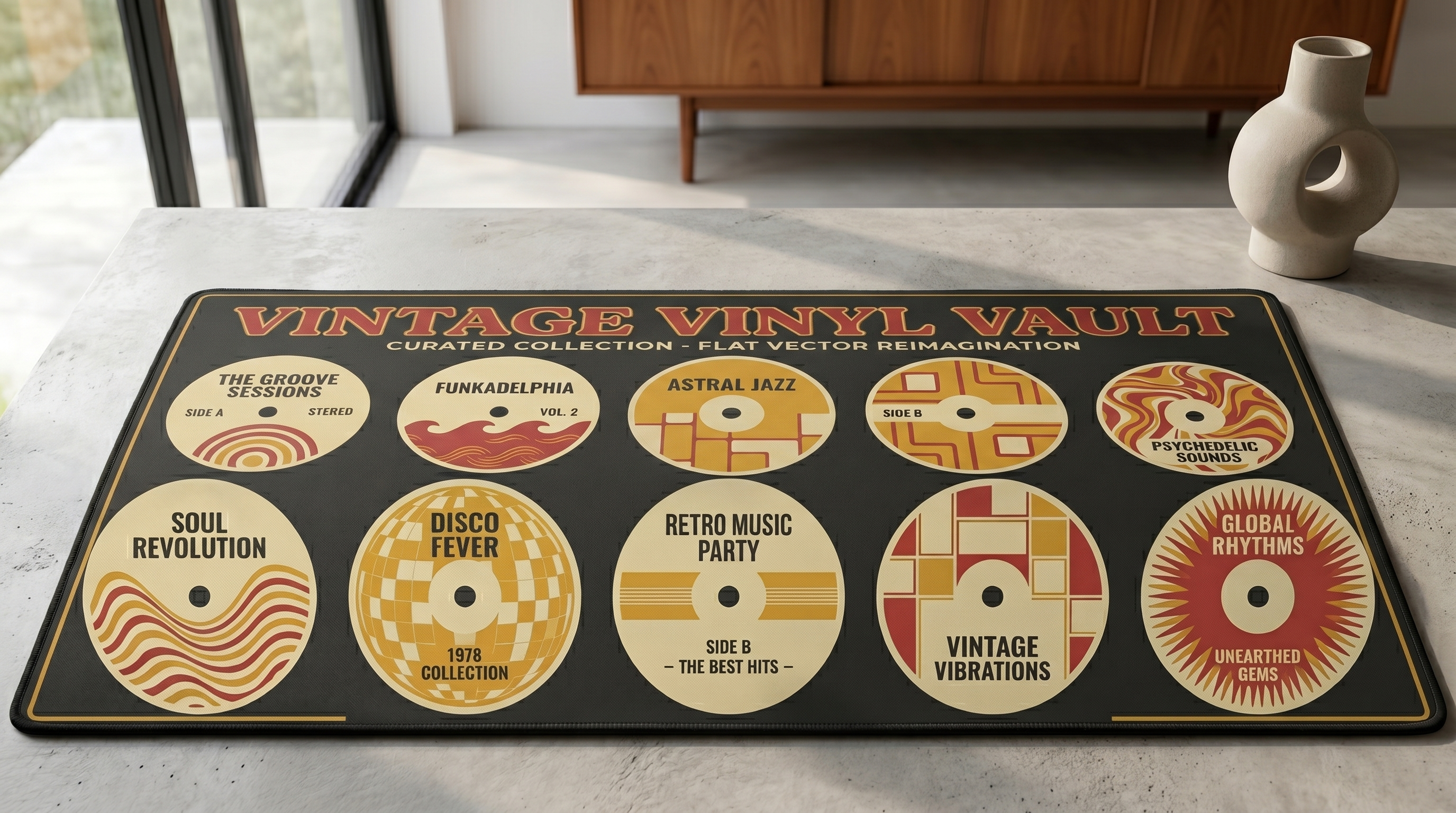 Vinil plak tasarımlı mat: Vintage Vinyl Vault, müzik koleksiyonu.