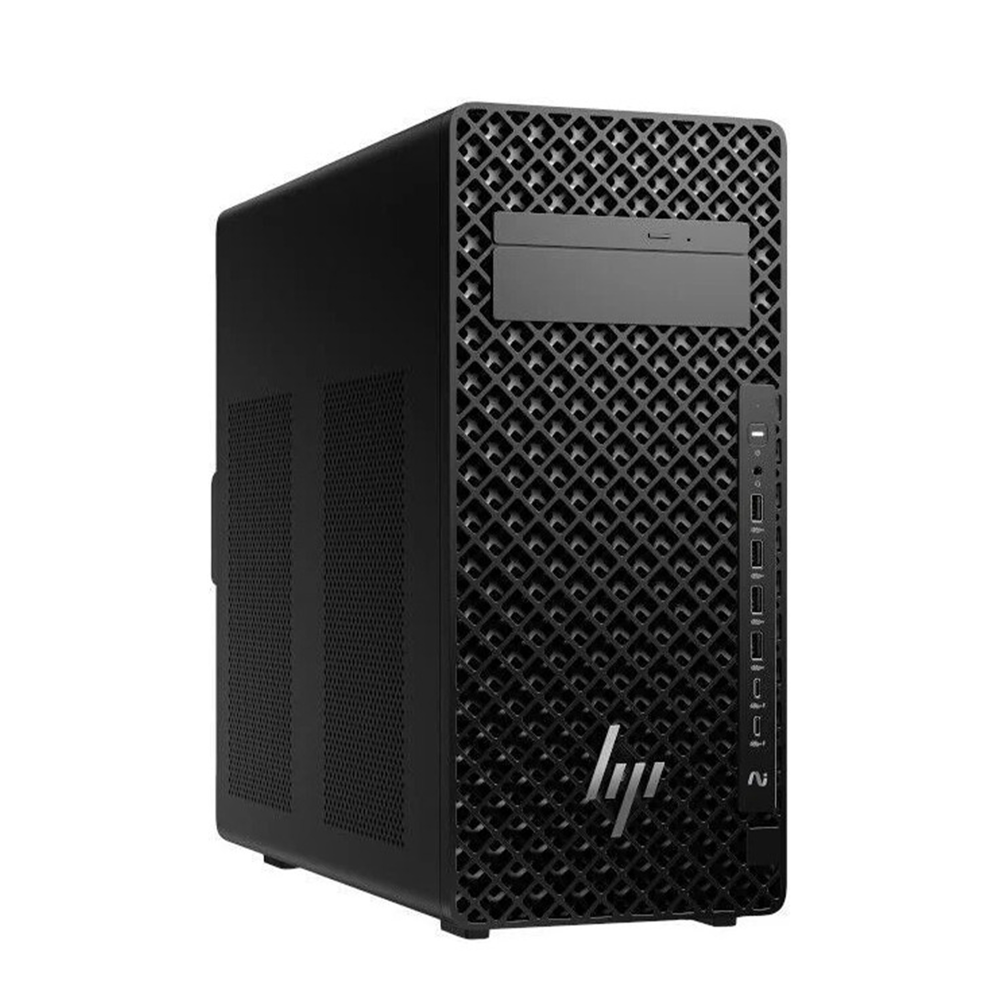 Ön tarafında baklava deseni bulunan siyah bir HP tower PC kasası.