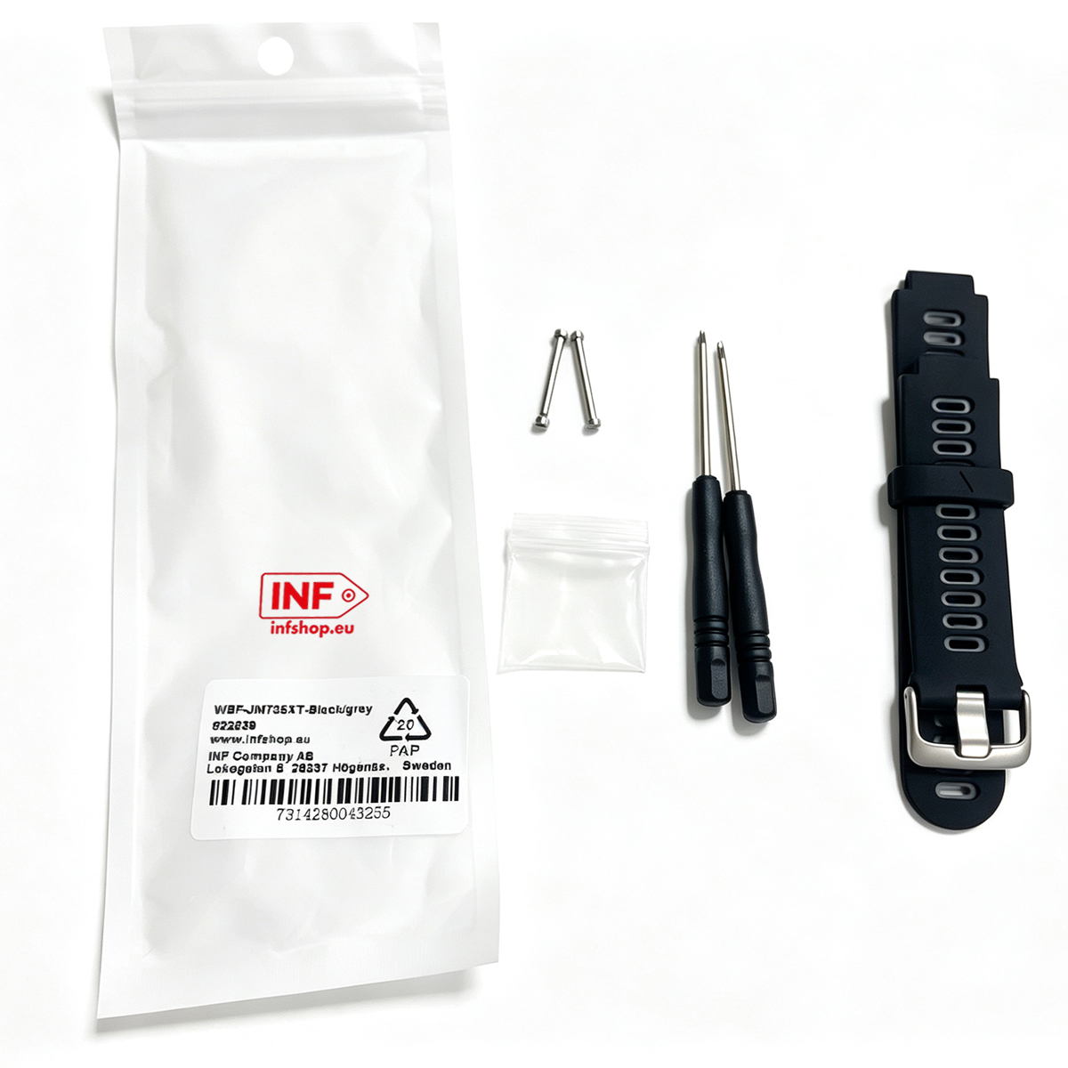 Ein Paket mit Uhrenarmband-Zubehör: Schrauben, Werkzeug, ein kleines Plastikbeutelchen.