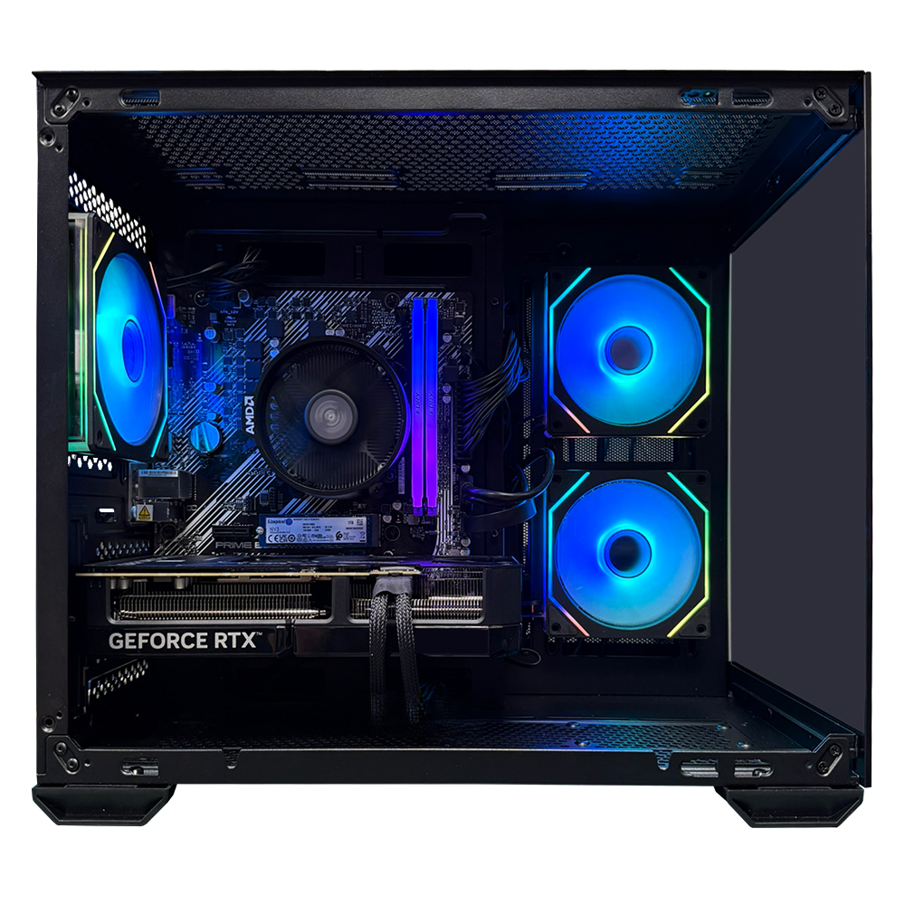 Caja de PC abierta con ventiladores azules brillantes, GPU y RAM. Refrigerador CPU AMD visible.