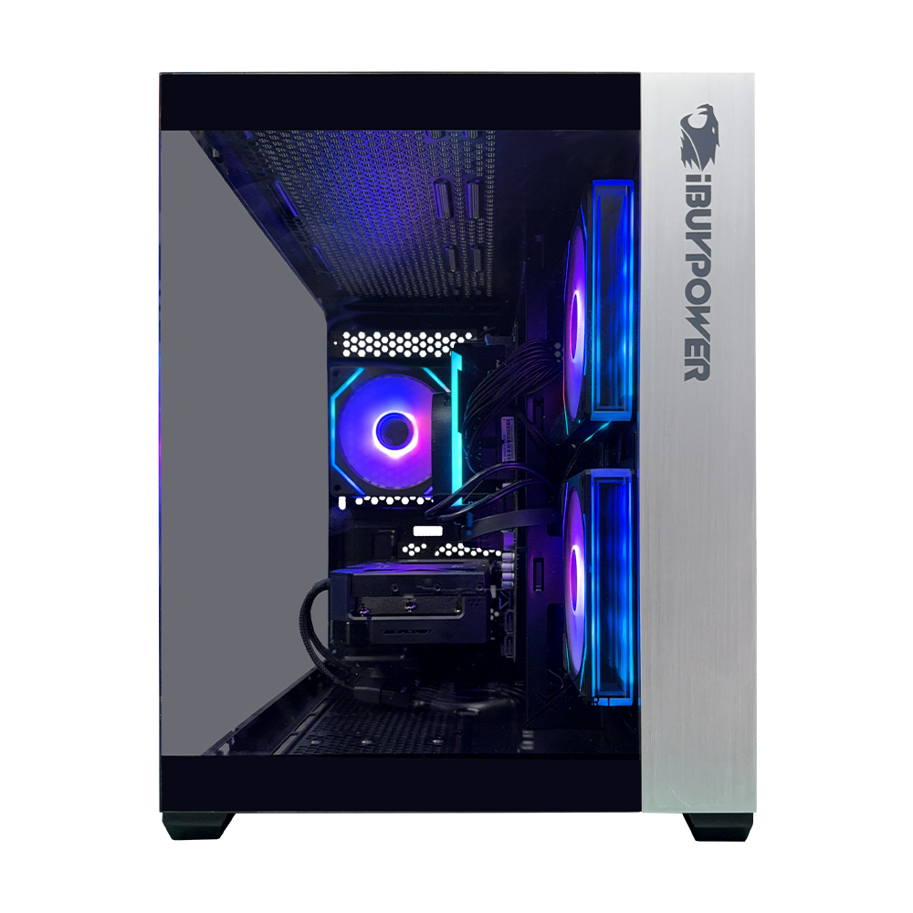 Torre de computadora con ventiladores RGB y logo iBUYPOWER. Ventiladores frontales brillan azul.