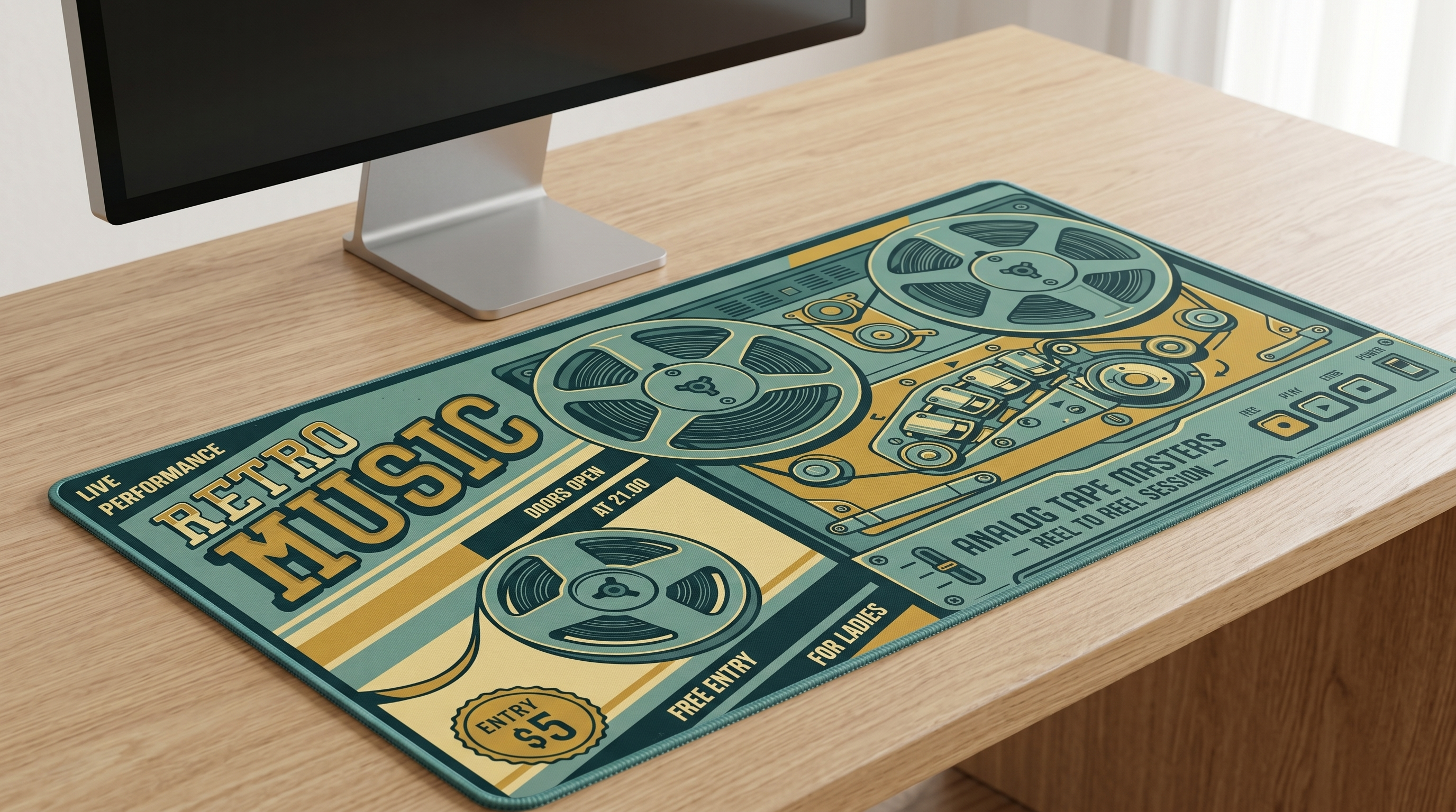 Retro müzik tasarımlı, makara ve kontrollere sahip mousepad.