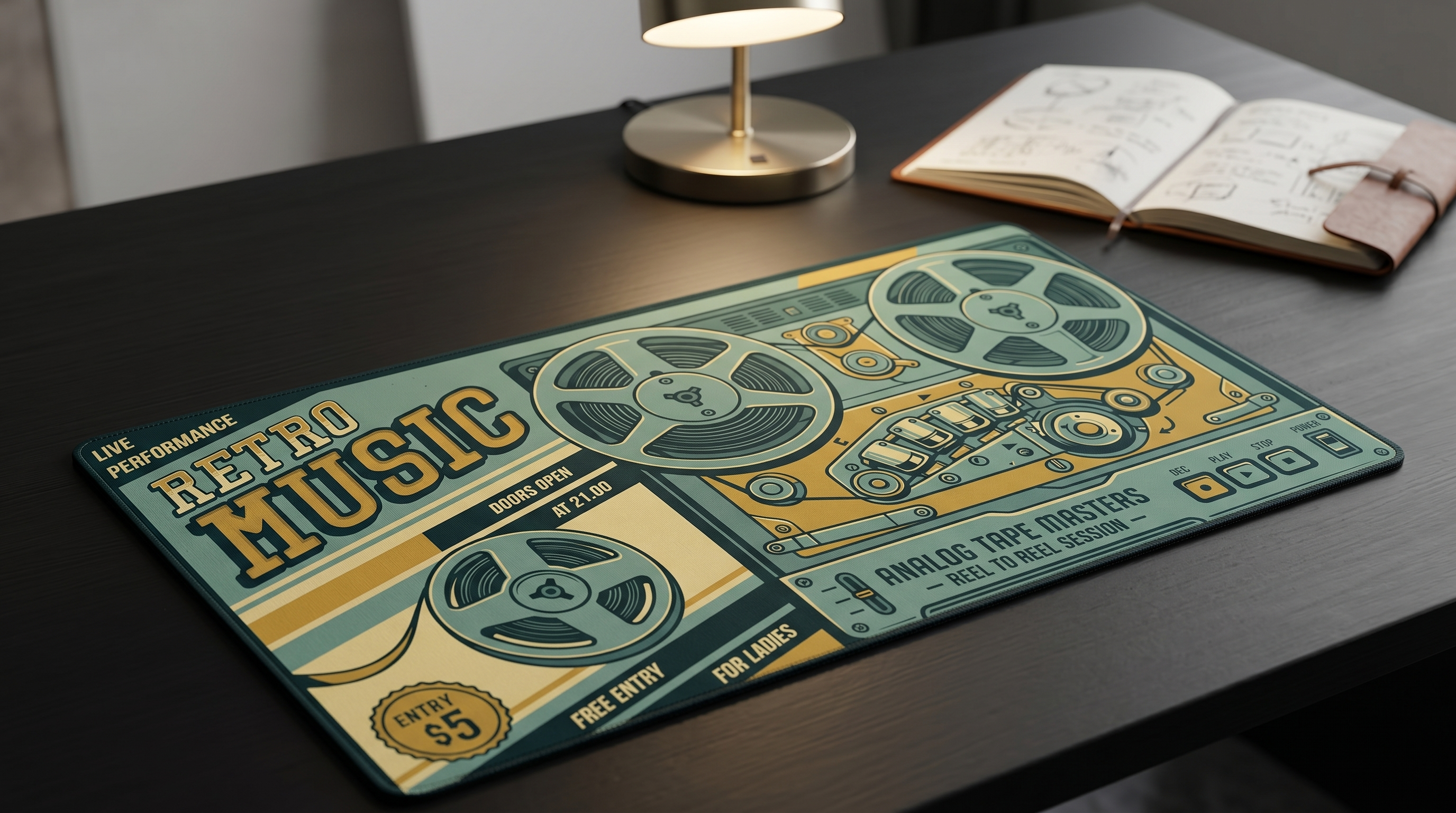 Müzik etkinliği reklamı yapan retro makara teyp makinesi tasarımlı bir mousepad.